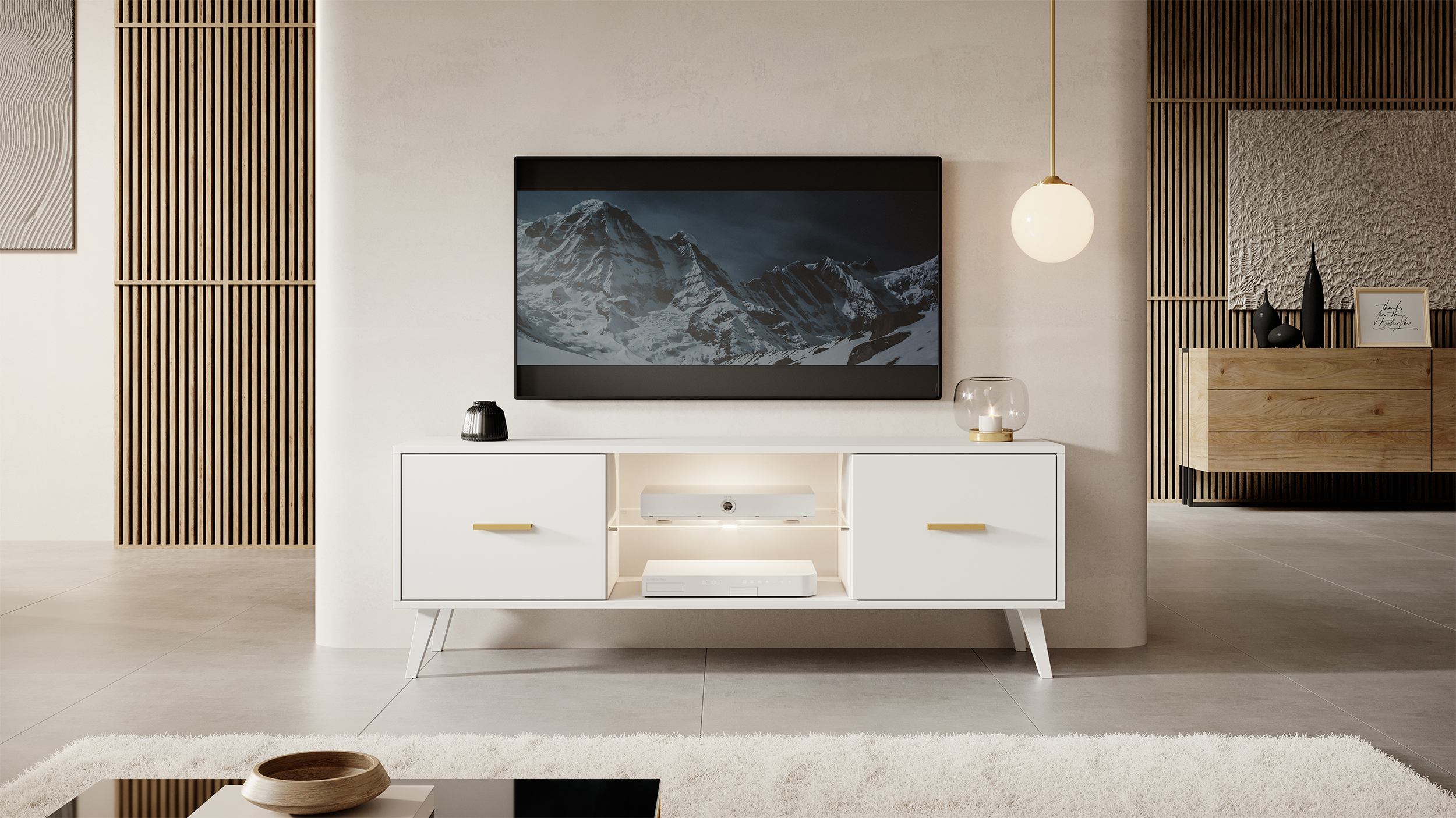Meuble TV Savoni I 140 cm blanc avec pieds blancs et poignées dorées