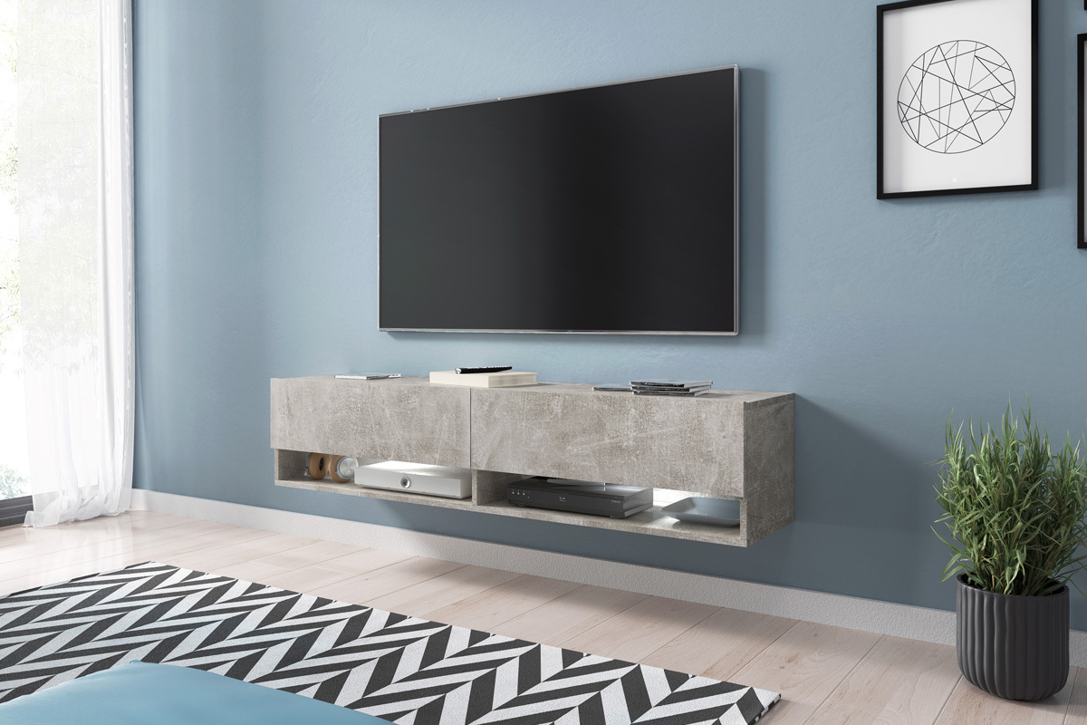Meuble tv à suspendre et à poser WANDER 140 cm blanc gris chêne wotan béton LED 