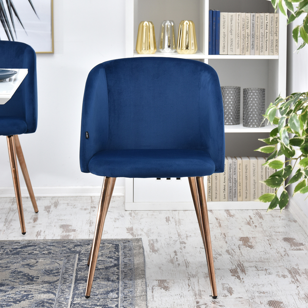 GARY Chaise vintage en velours bleu / cuivre