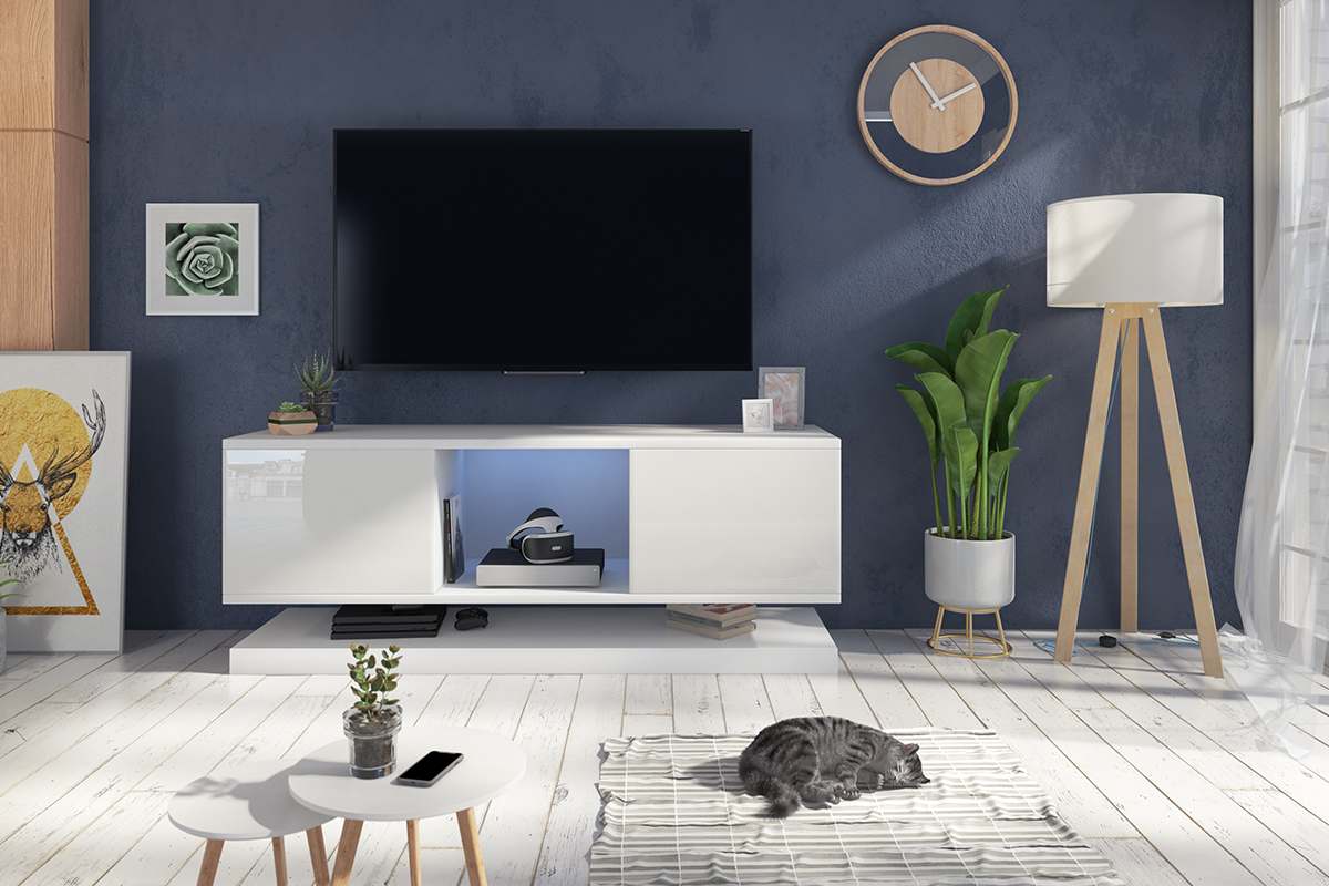 WIZZARDIN Meuble TV 140 cm suspendu style moderne Blanc mat / Blanc brillant