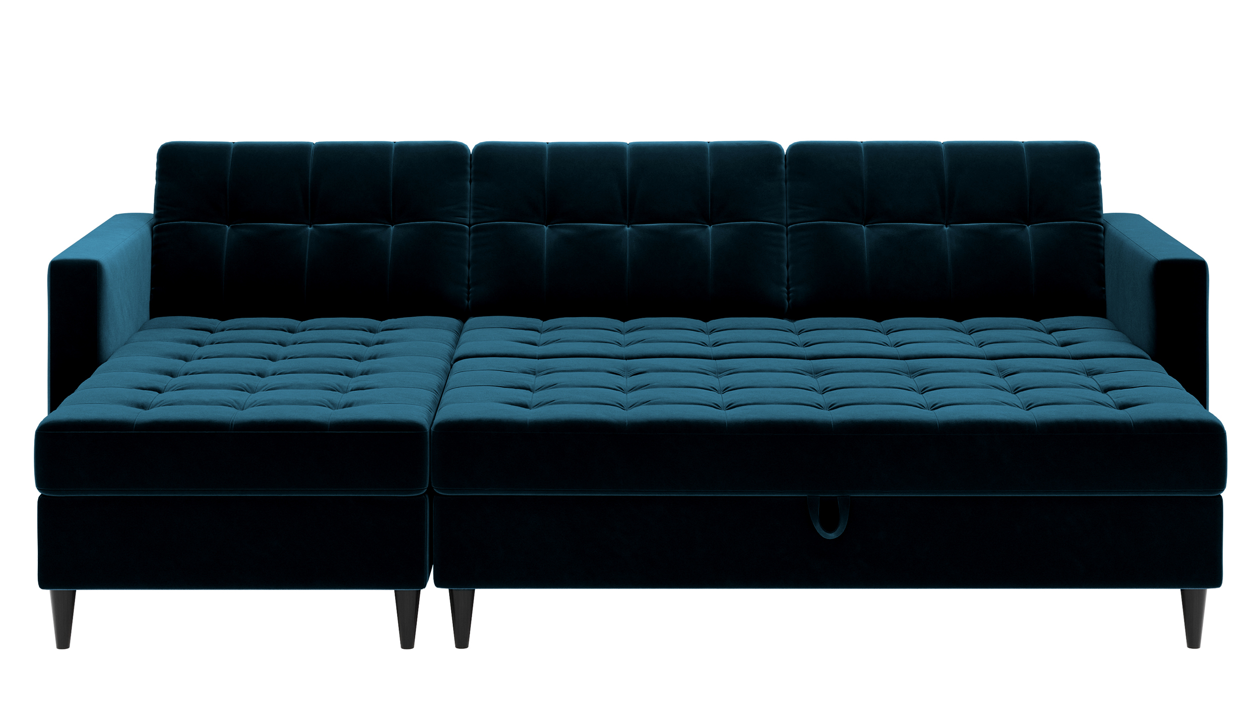 KOPENHAGA Canapé d’angle bleu marine avec pouf pieds en bois noirs