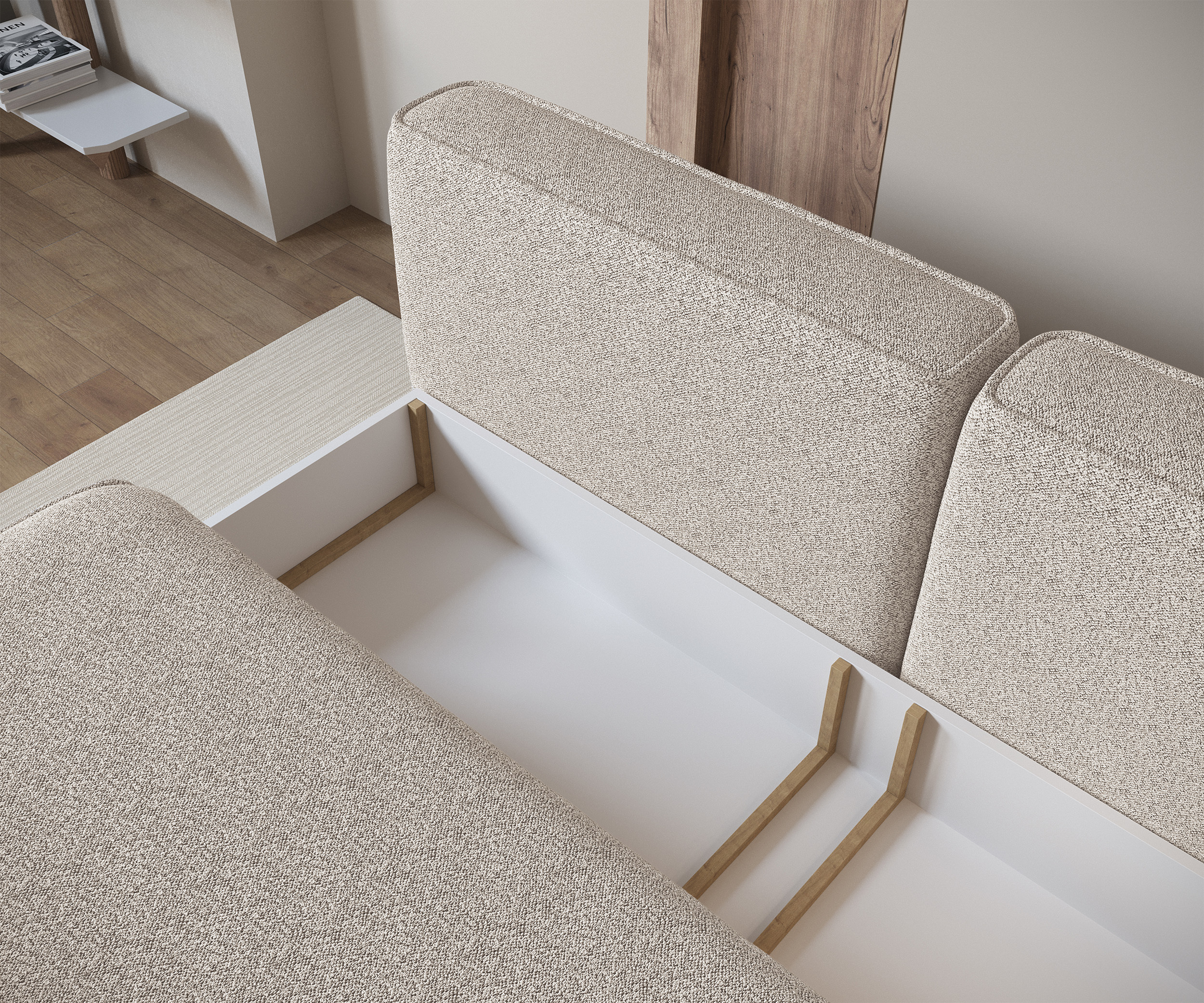 Kanapa rozkładana trzyosobowa Leanno z pojemnikiem beżowa boucle