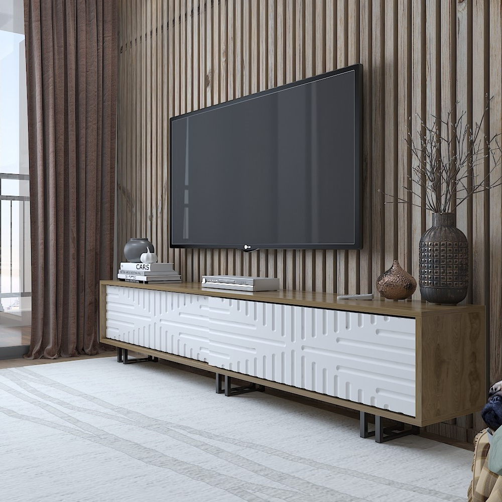 Meuble TV Assek avec portes coulissantes 180 cm blanc