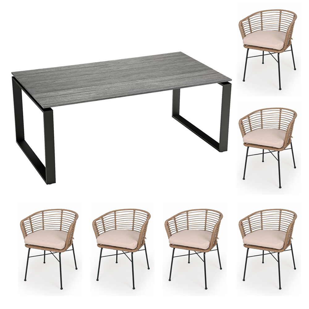 Table de jardin grise Tiower avec six chaises de jardin Izzalini