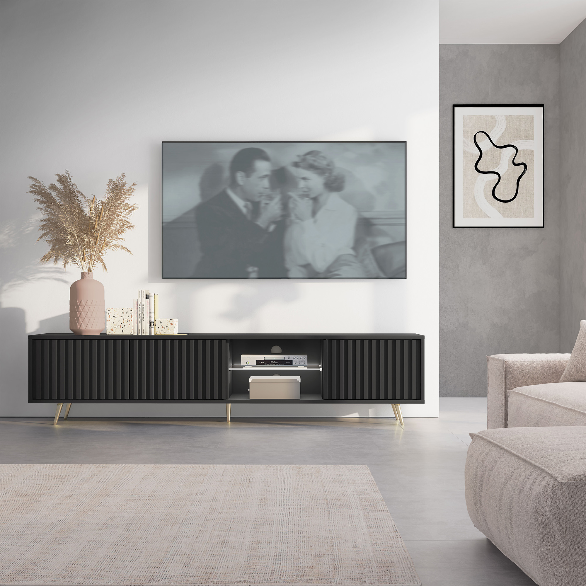 Bello Meuble TV LED 175 cm noir façades à lamelles et pieds dorés