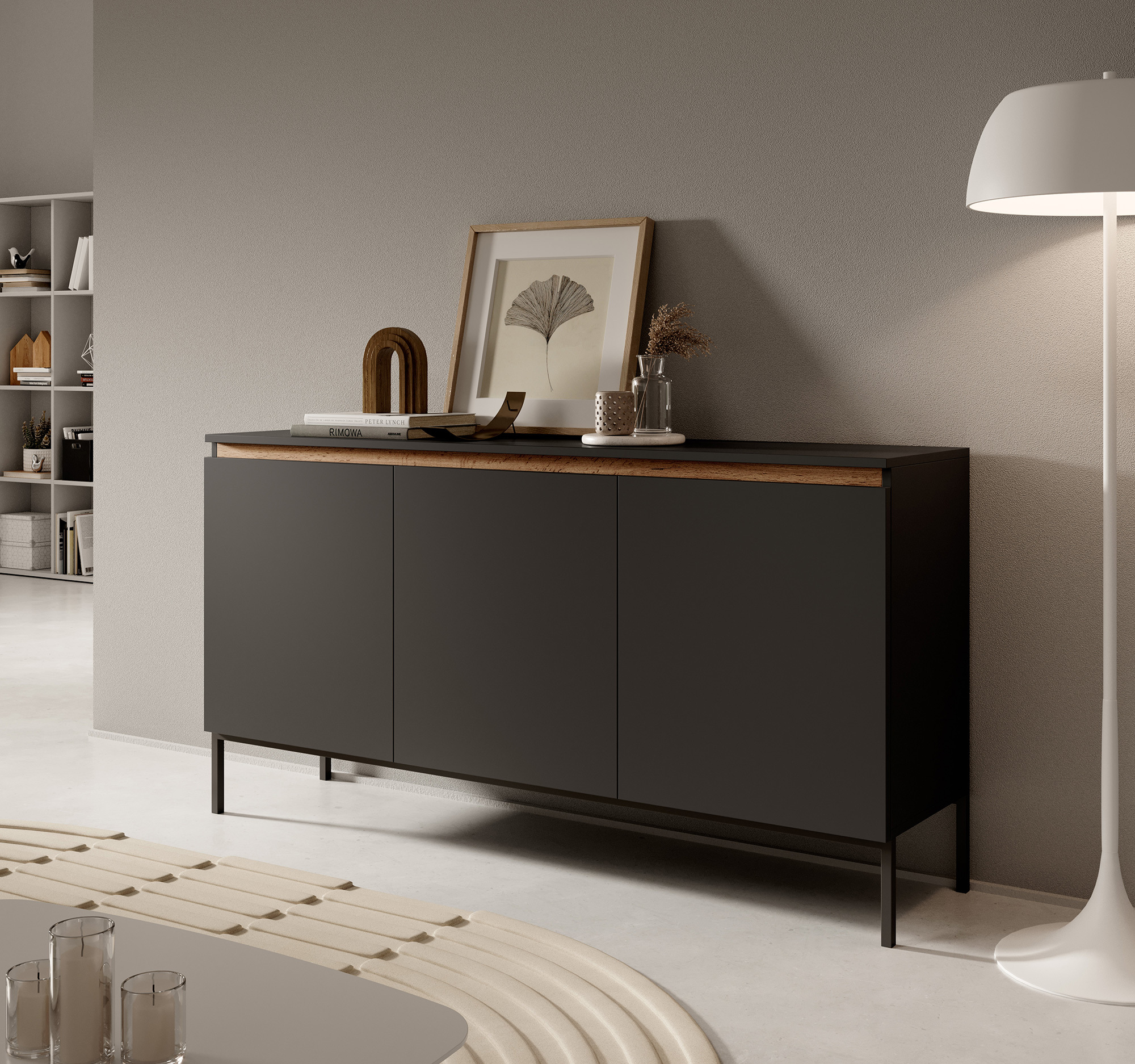 Commode 3 portes Bemmi 150 cm graphite avec un insert en chêne wotan