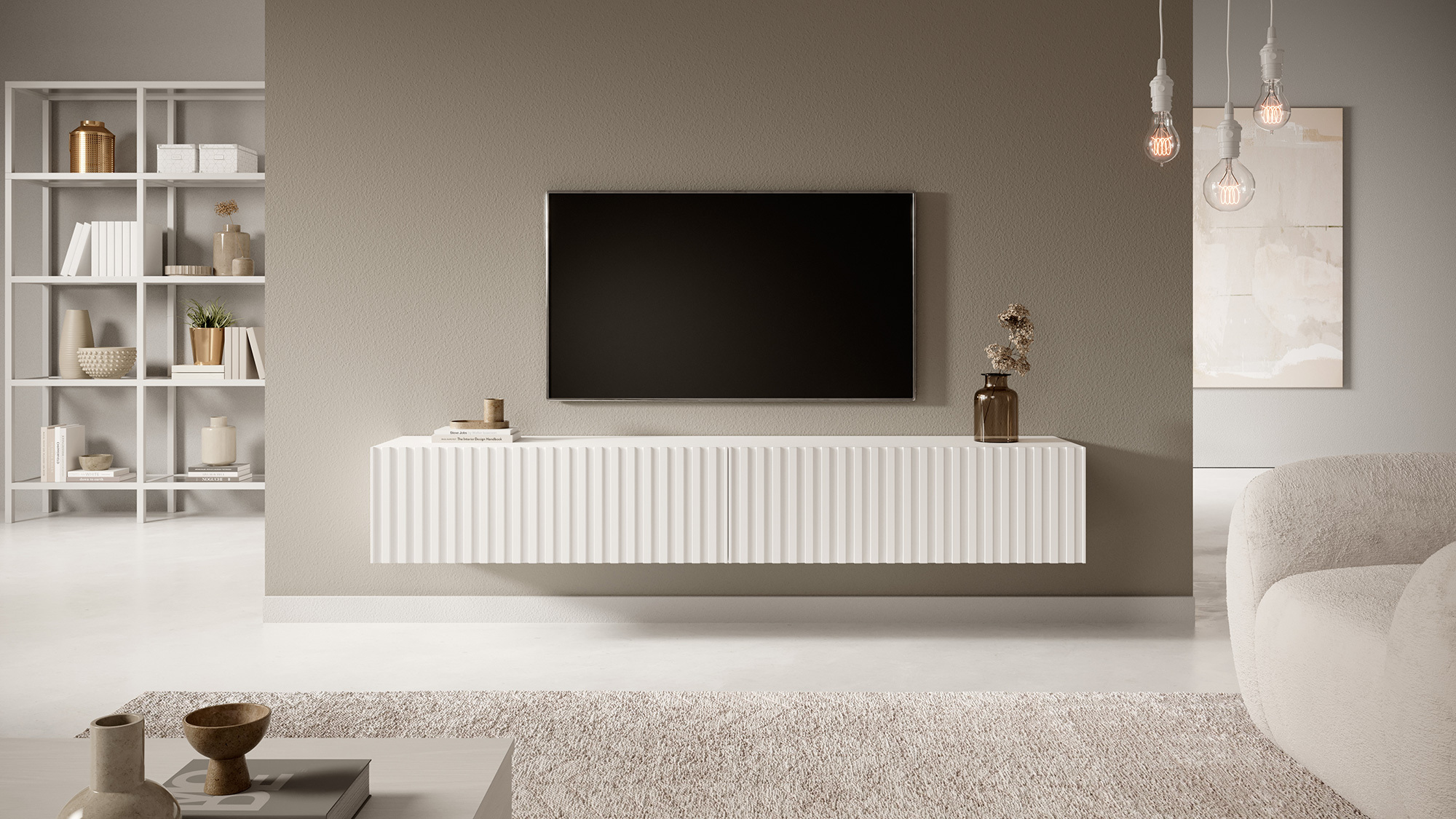 Meuble TV Telire 175 cm Blanc avec façade lamellaire