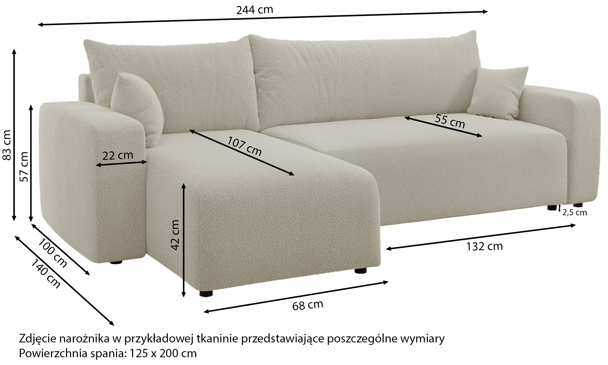 Narożnik z funkcją spania Pianoni L-kształtny uniwersalny z pojemnikiem jasnoszary boucle