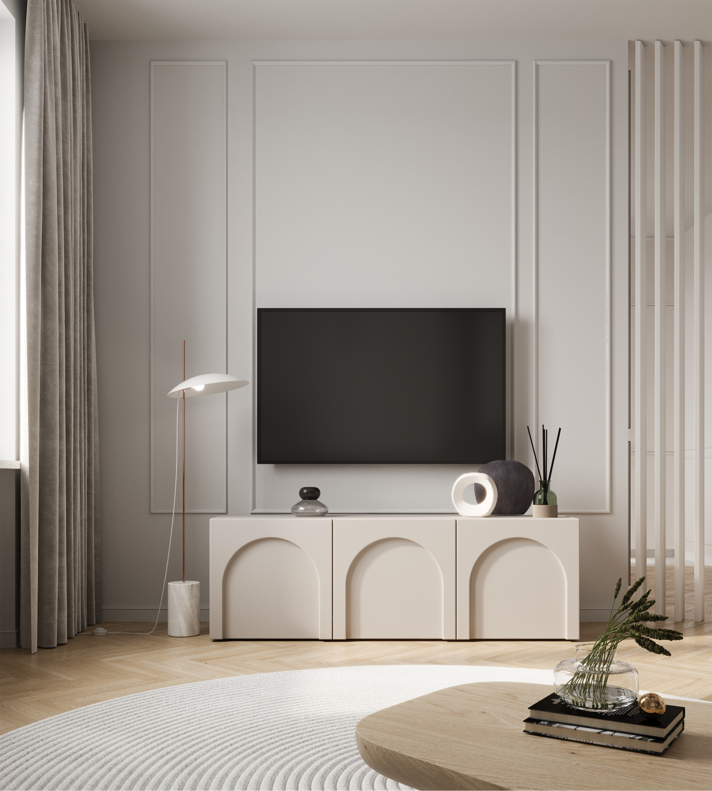 Szafka RTV Arkadia trzydrzwiowa z frezowanymi frontami 150 cm kaszmir