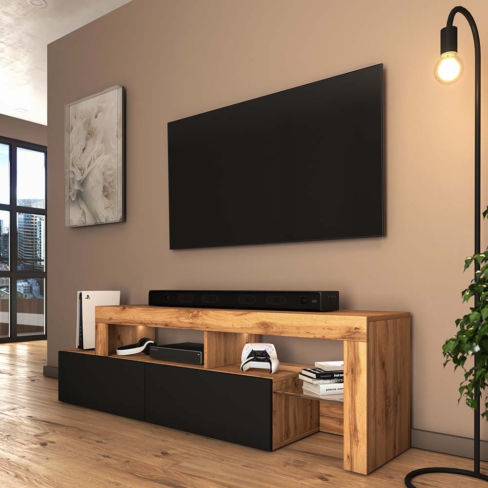 ASTEN Meuble TV asymétrique 172 cm chêne wotan avec façade noir