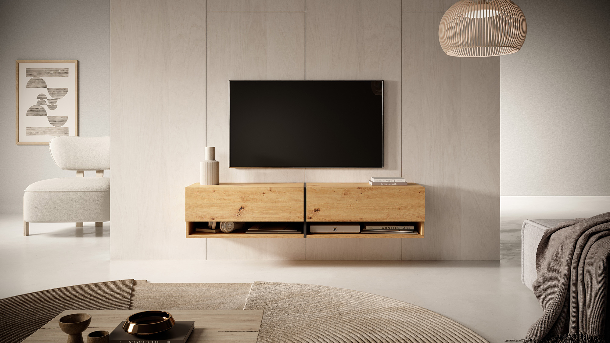 MIRRGO Meuble TV 140 cm chêne artisan avec insert graphite