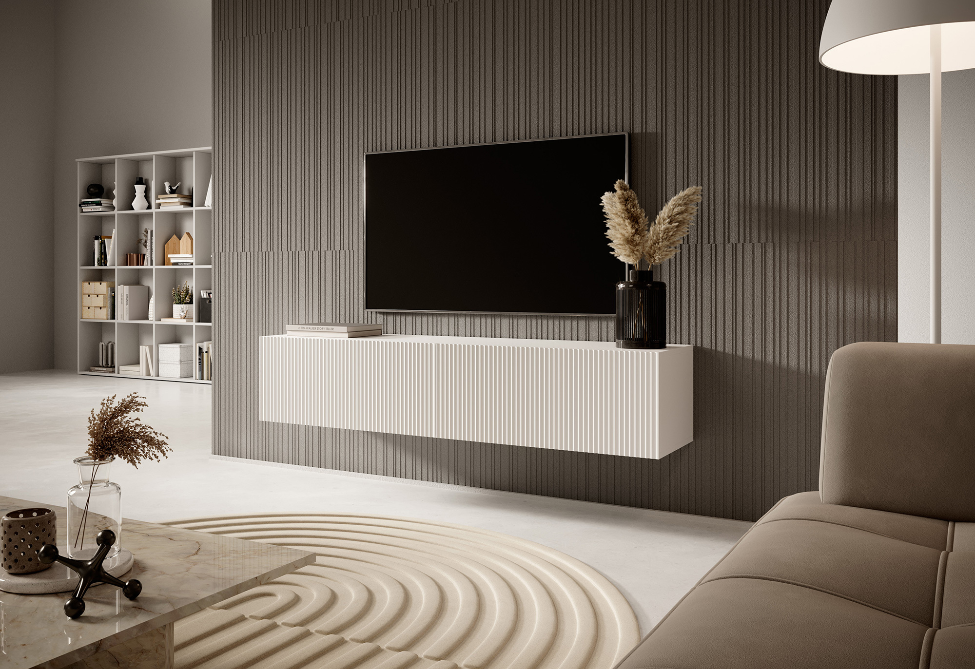 VELDIO Meuble TV 140 cm blanc avec façade fraisée
