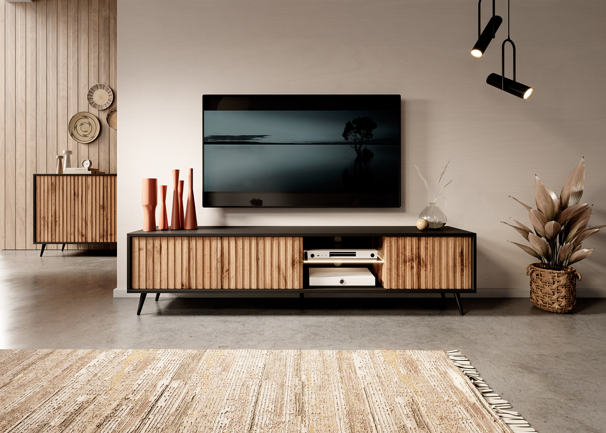 Meuble TV Bello avec façades à lamelles, 175 cm noir / chêne wotan avec led