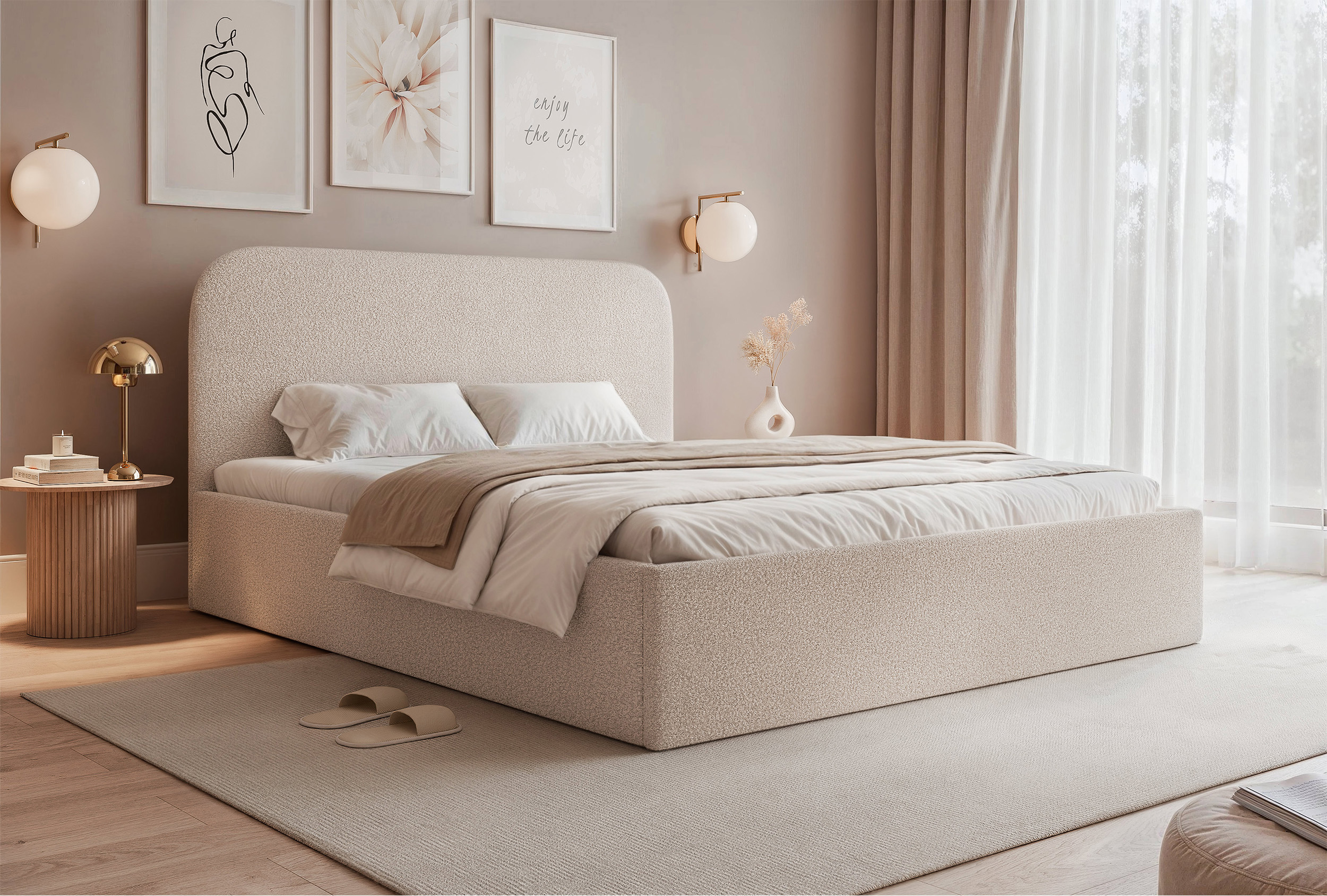 Łóżko tapicerowane 140x200 cm Sonvivo z pojemnikiem na pościel szarobeżowe boucle stelaż metalowy
