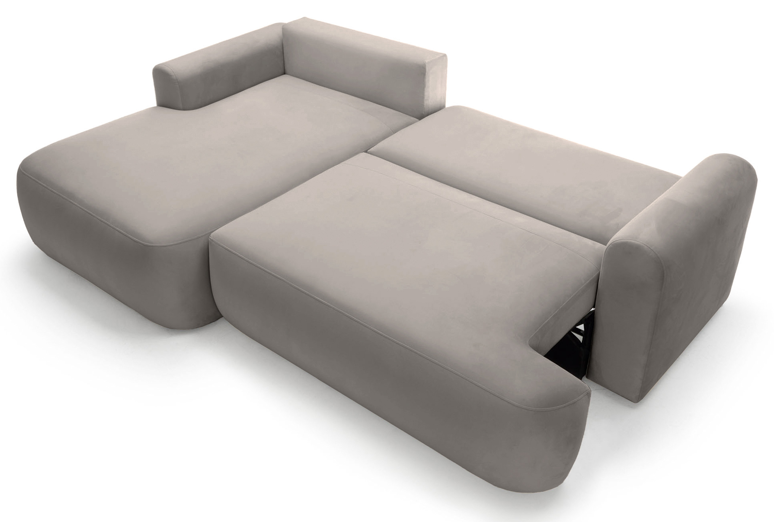 Jasnoszary narożnik Ovo lewostronny z funkcją spania i pojemnikiem na pościel.