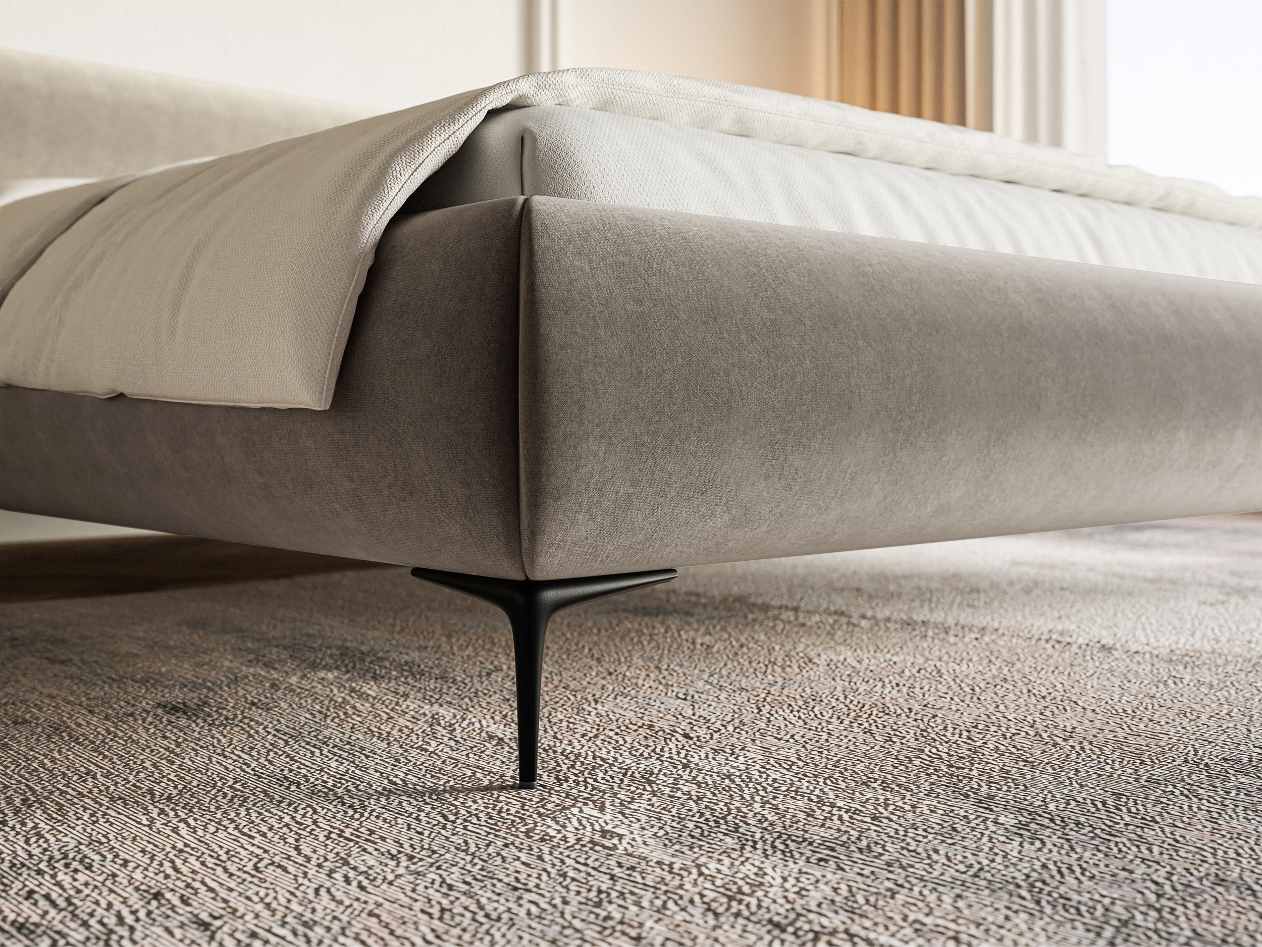 Łóżko tapicerowane 180x200 cm Roule z pojemnikiem stelaż metalowy szarobeżowe welur hydrofobowy nóżki czarne