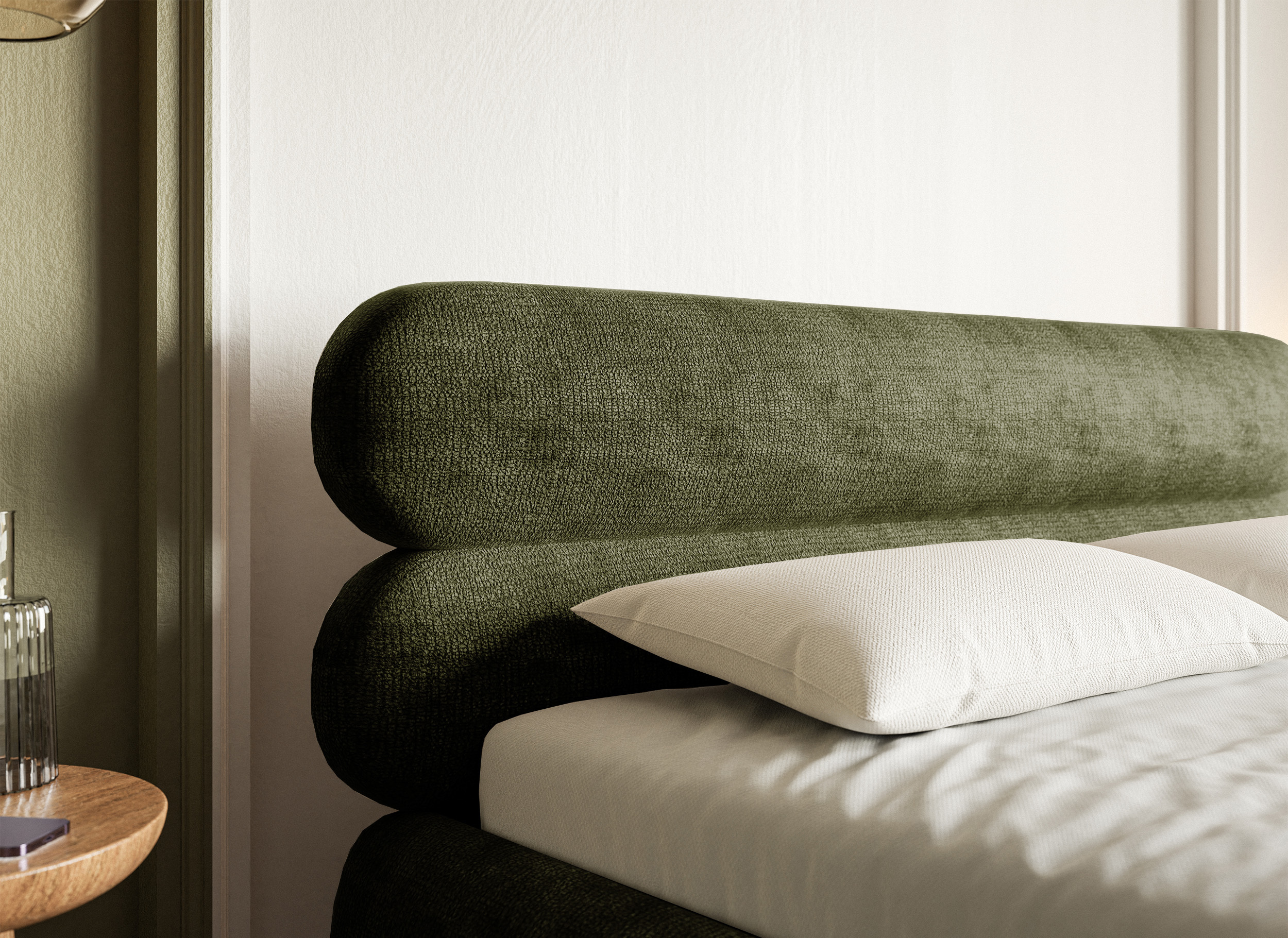 Łóżko tapicerowane 180x200 cm Roule z pojemnikiem stelaż metalowy oliwkowe szenil nóżki czarne