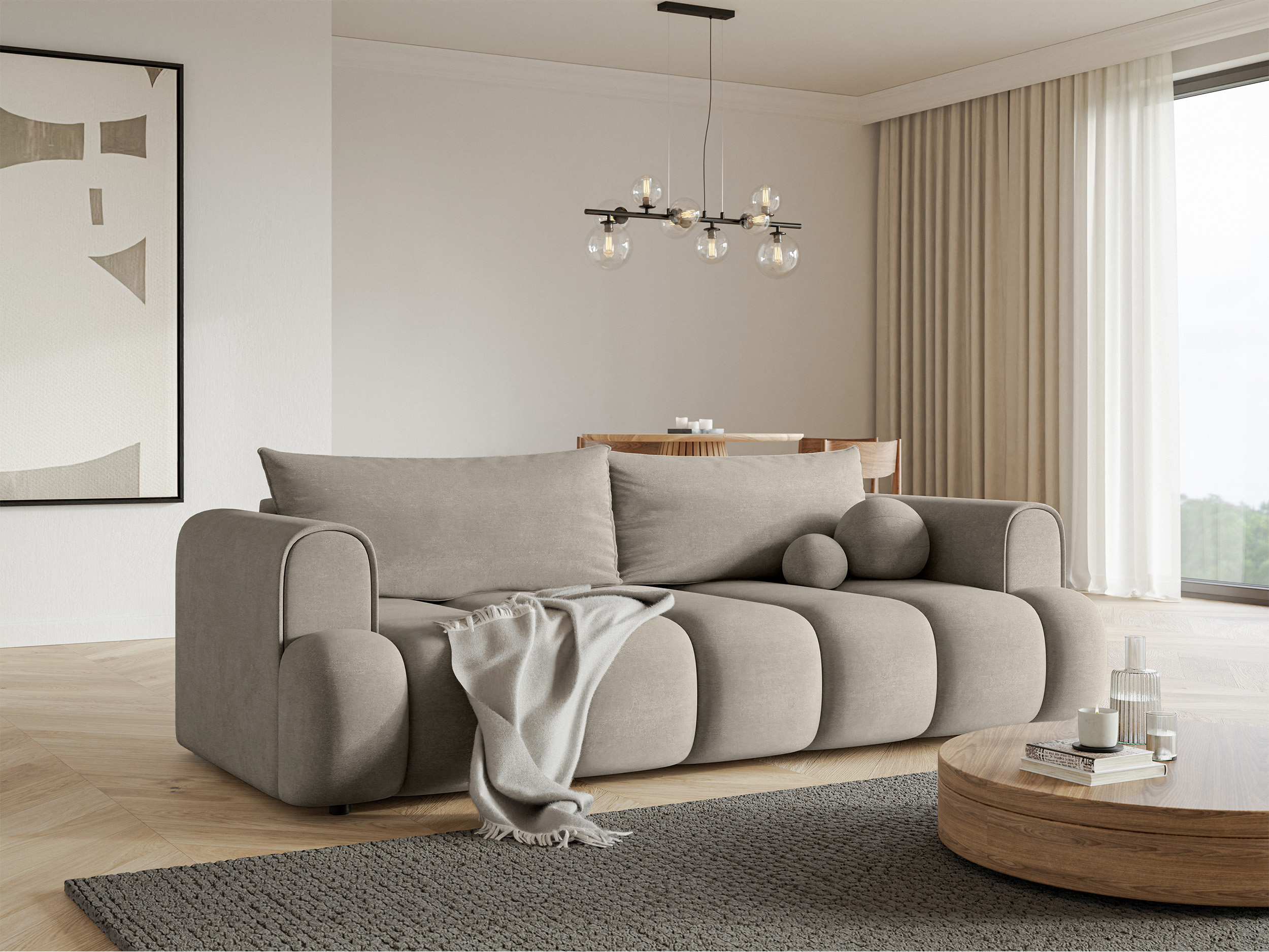 Kanapa trzyosobowa Dandelino z funkcją spania szara welur hydrofobowy