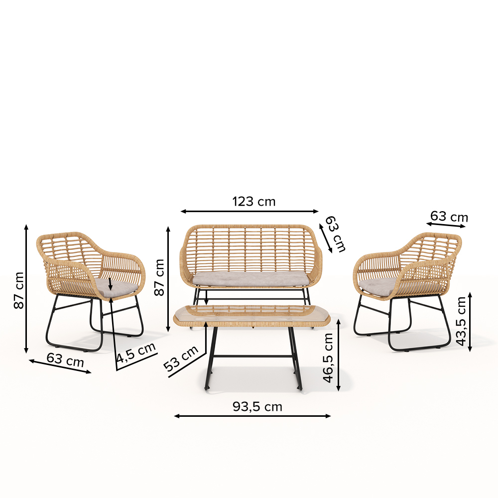 Salon de jardin canapé Sytly avec deux fauteuils et une table