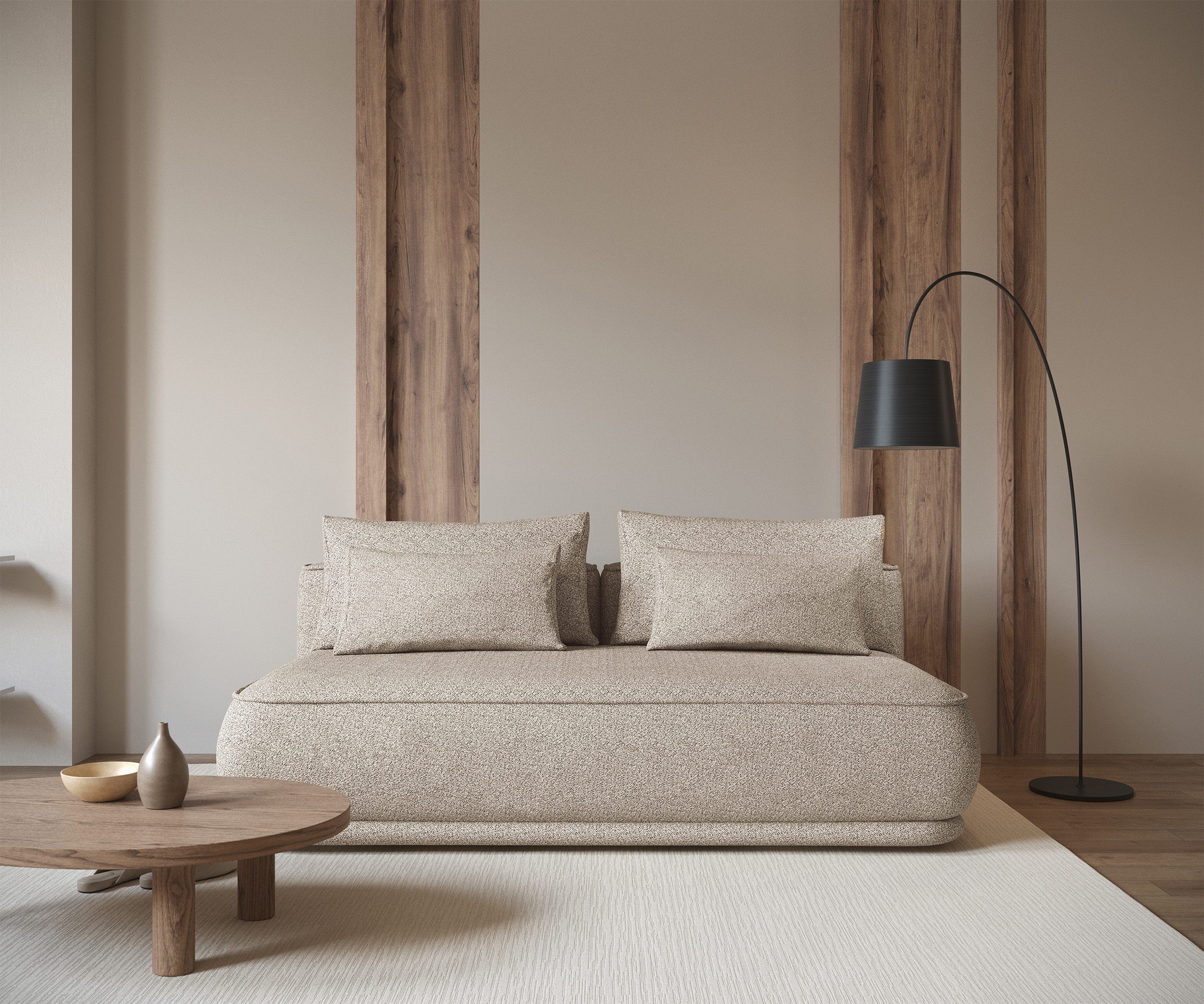 Kanapa rozkładana trzyosobowa Leanno z pojemnikiem beżowa boucle