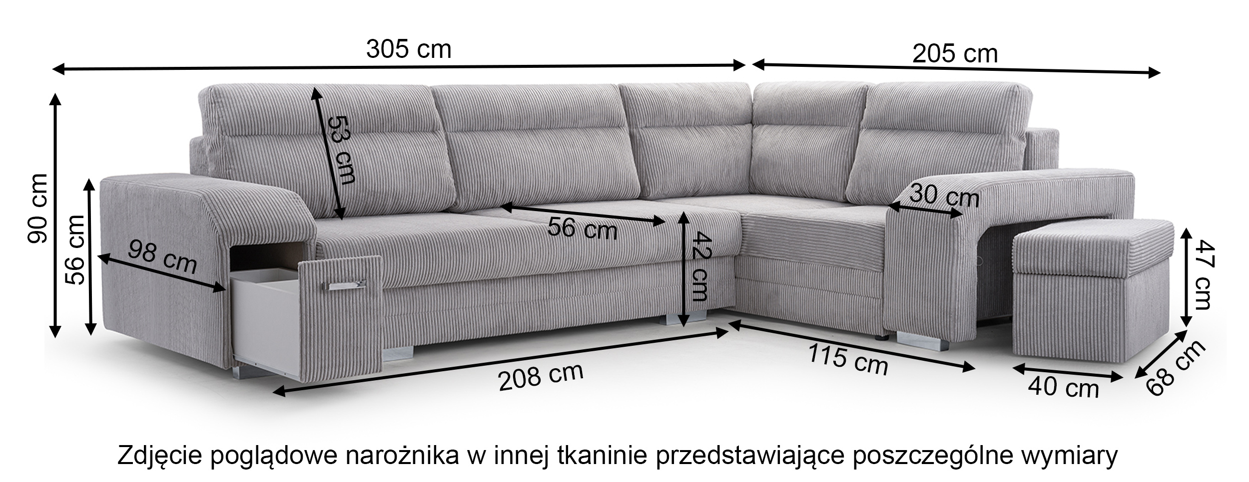 UMILL L Canapé d'angle gauche fonction de lit avec minibar et pouf Monolith 37