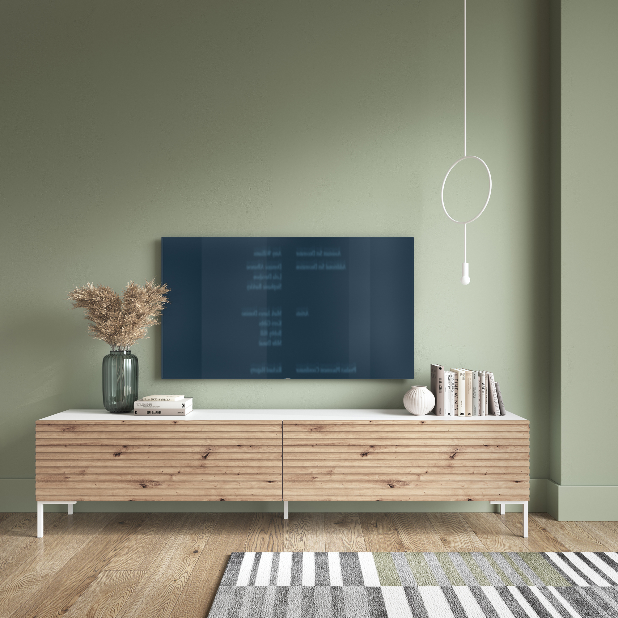 LAMMELO Meuble TV 175 cm blanc/chêne lamellas