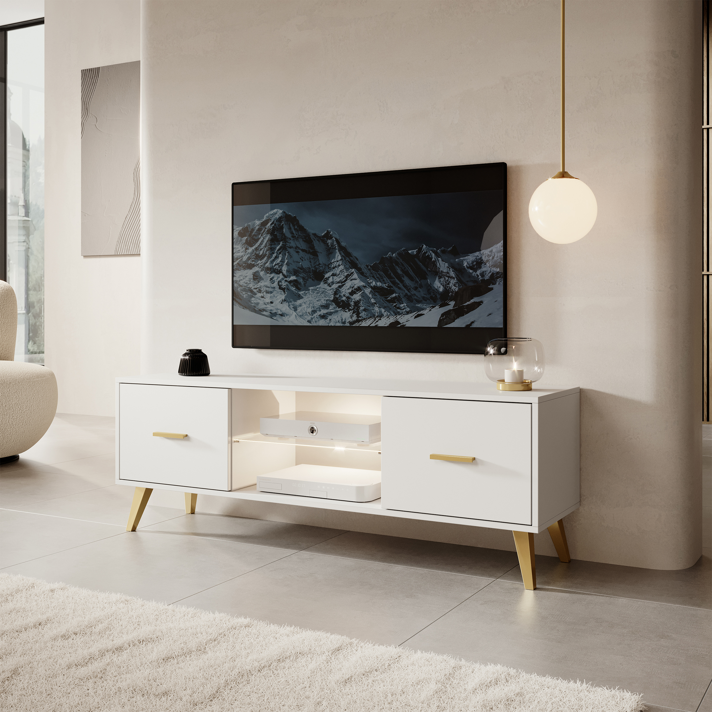 Meuble TV Savoni I 140 cm blanc avec pieds et poignées dorés