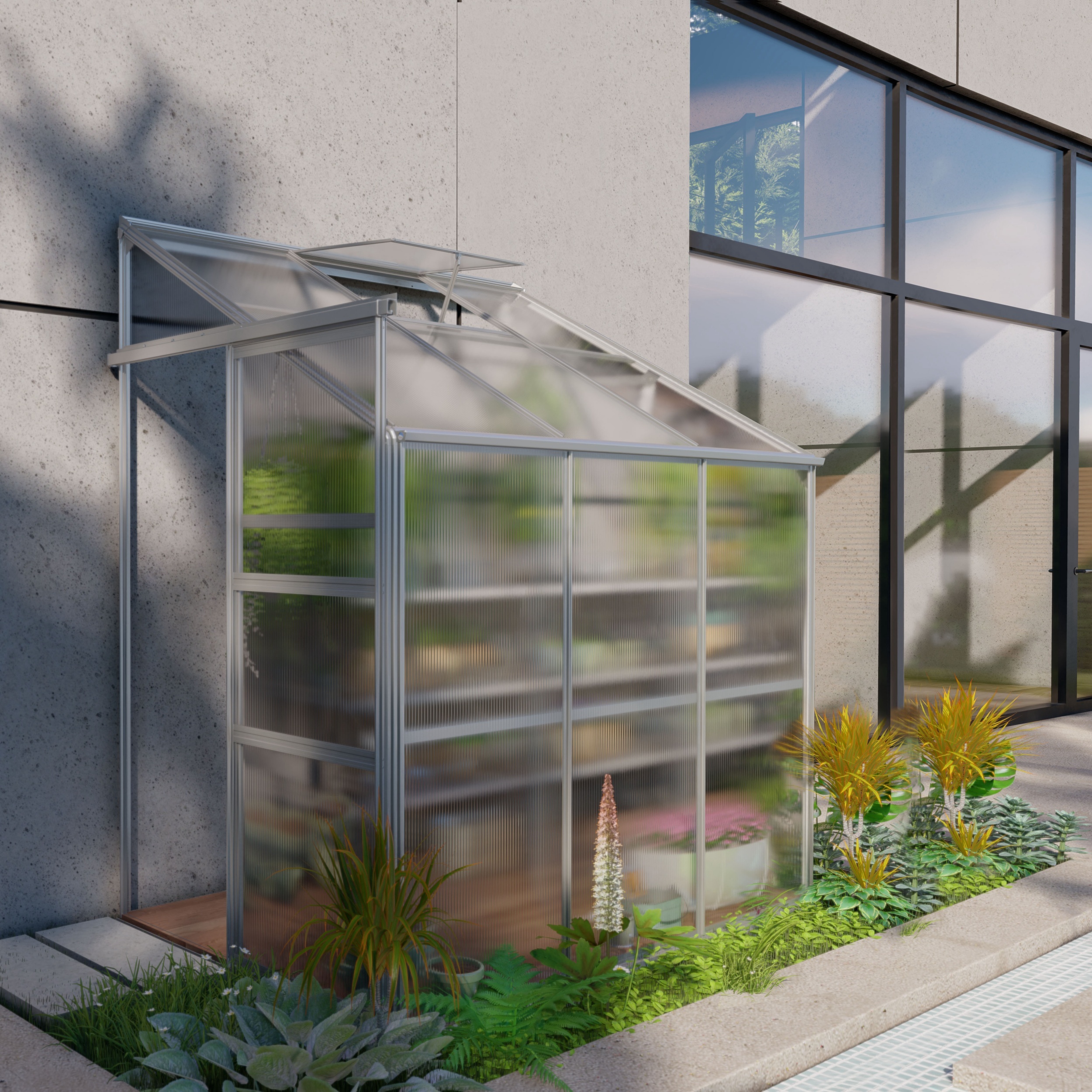  Serre de jardin en aluminium polycarbonate 2,3 m2 en trois sections avec une fondation 124x185 cm argent