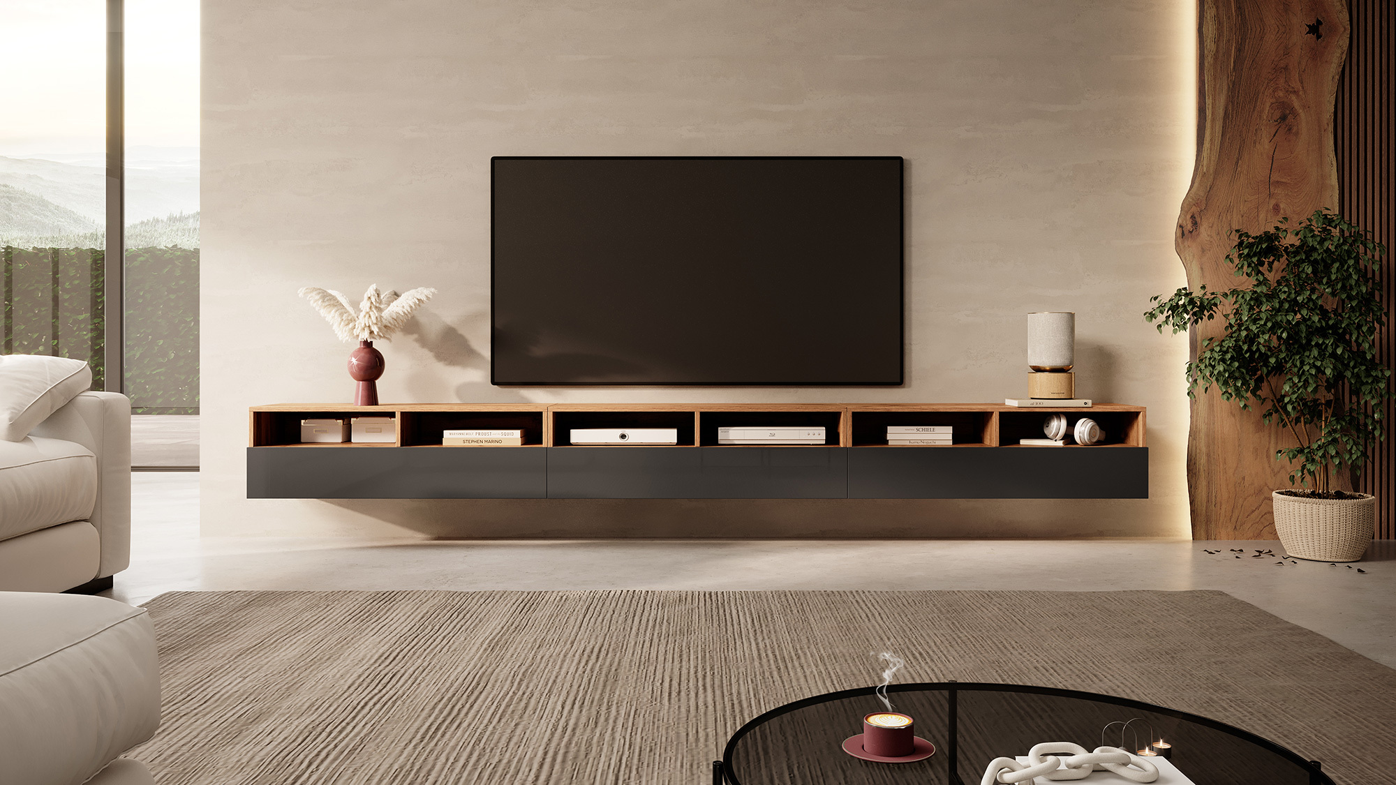 Selsey - Meuble TV - REDNAW - 300 cm - chêne wotan / gris brillant