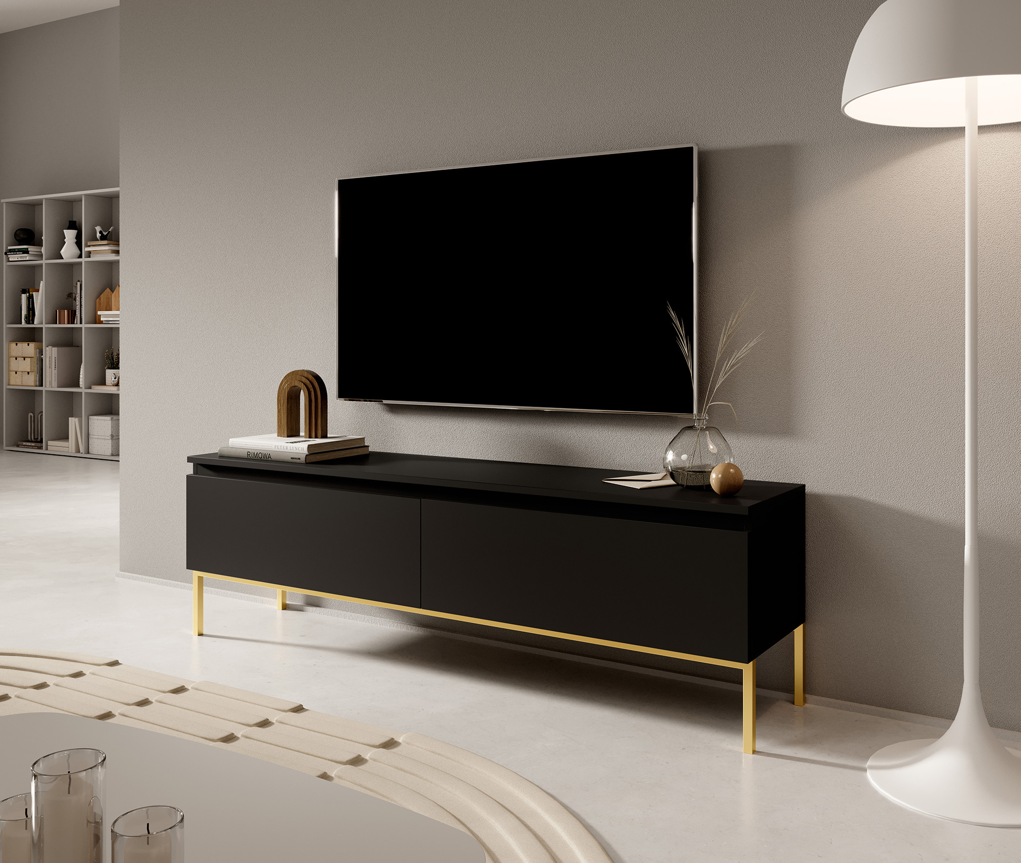 Meuble TV Bemmi 150 cm noir pieds dorés