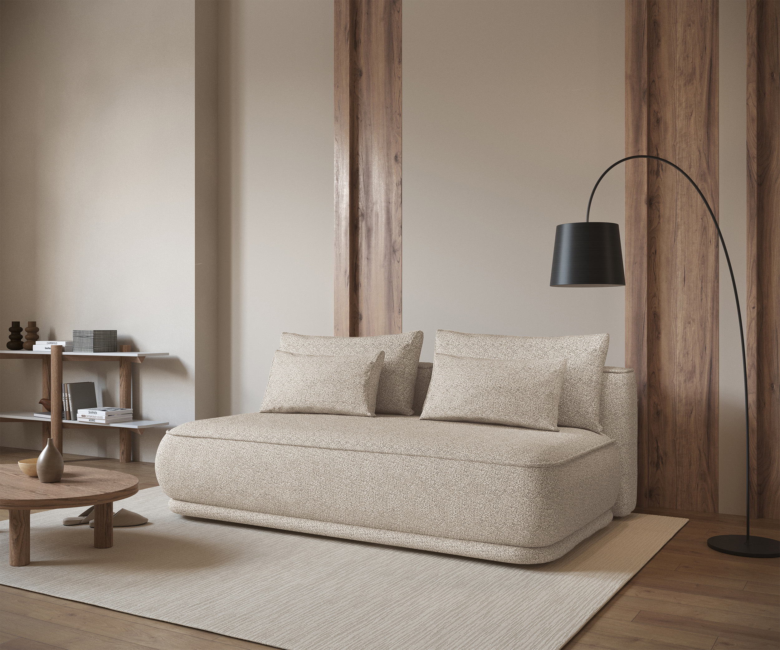 Kanapa rozkładana trzyosobowa Leanno z pojemnikiem beżowa boucle