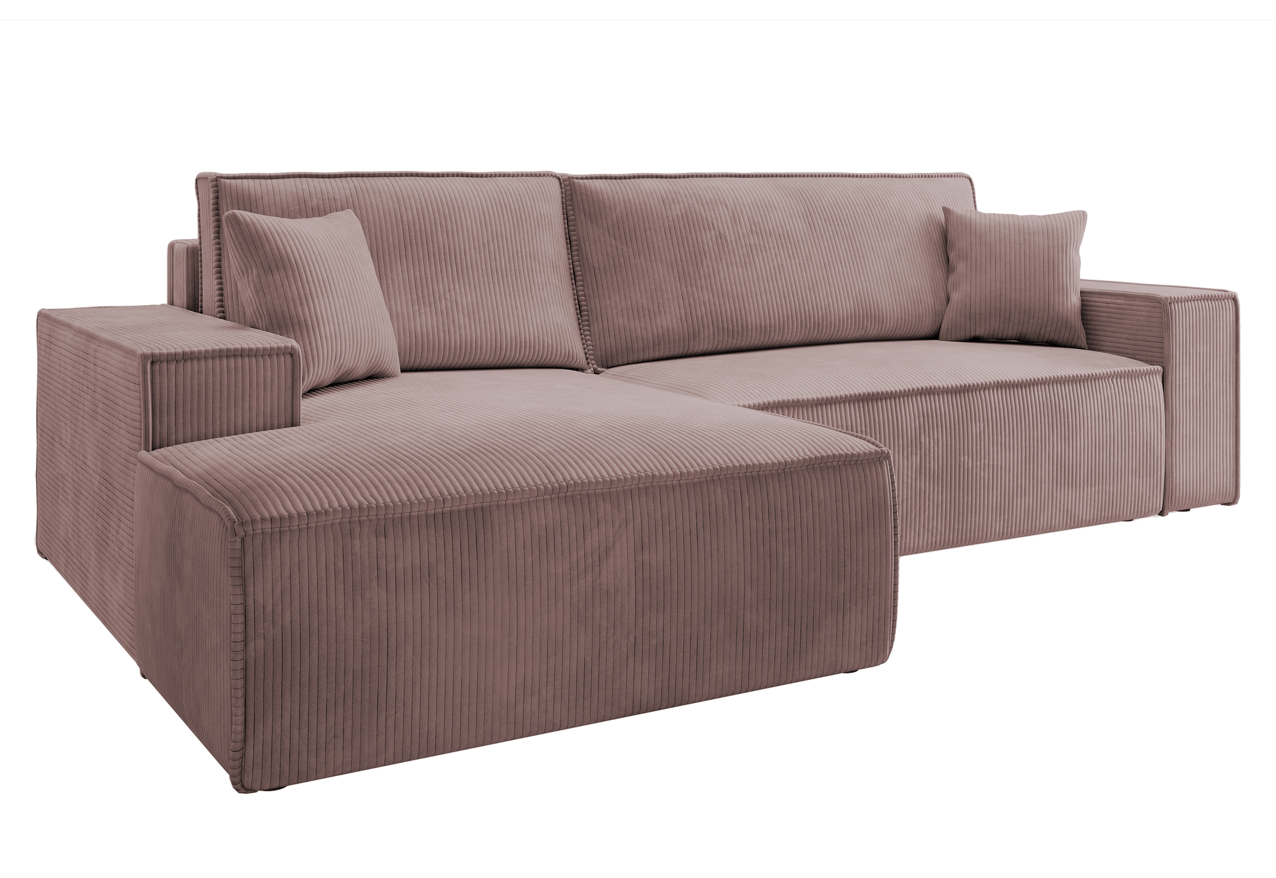 Canapé d'angle Farese New en forme de L avec un récipient en velours côtelé rose à gauche