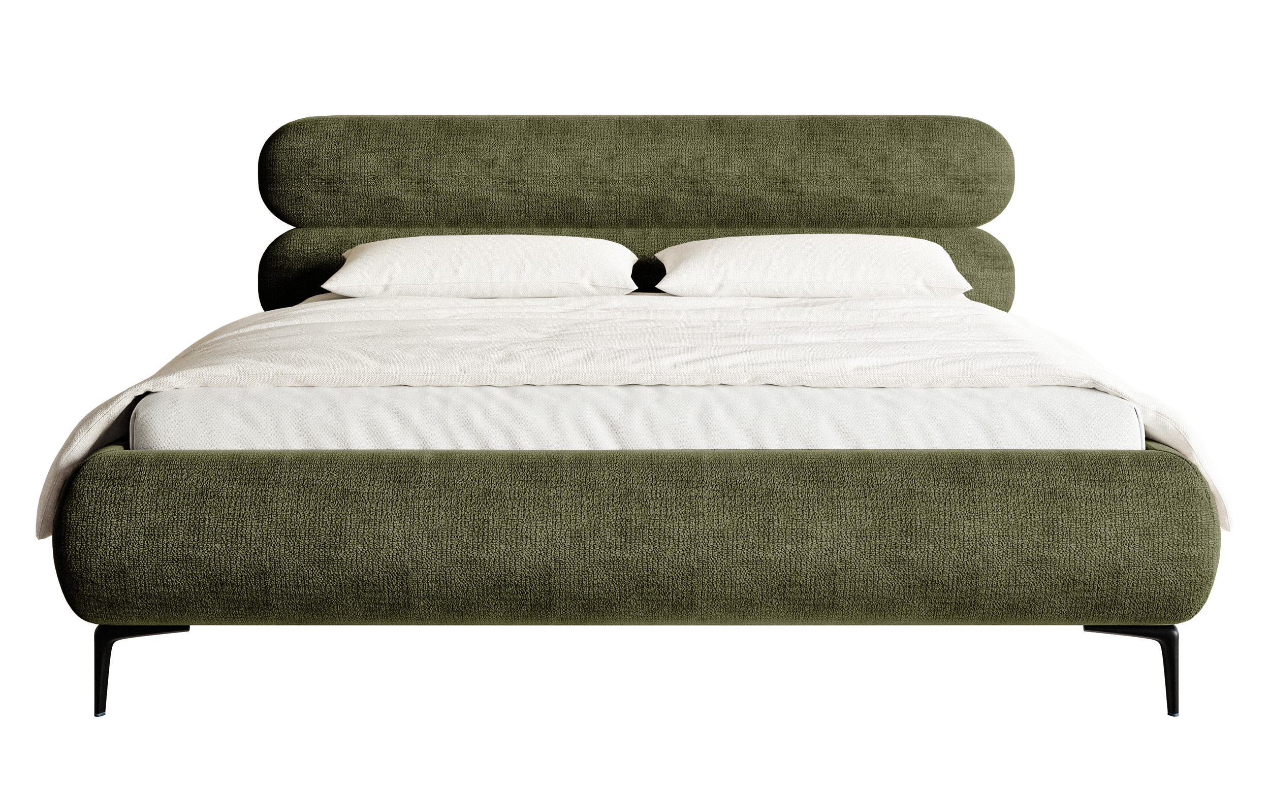 Łóżko tapicerowane 180x200 cm Roule z pojemnikiem stelaż metalowy oliwkowe szenil nóżki czarne