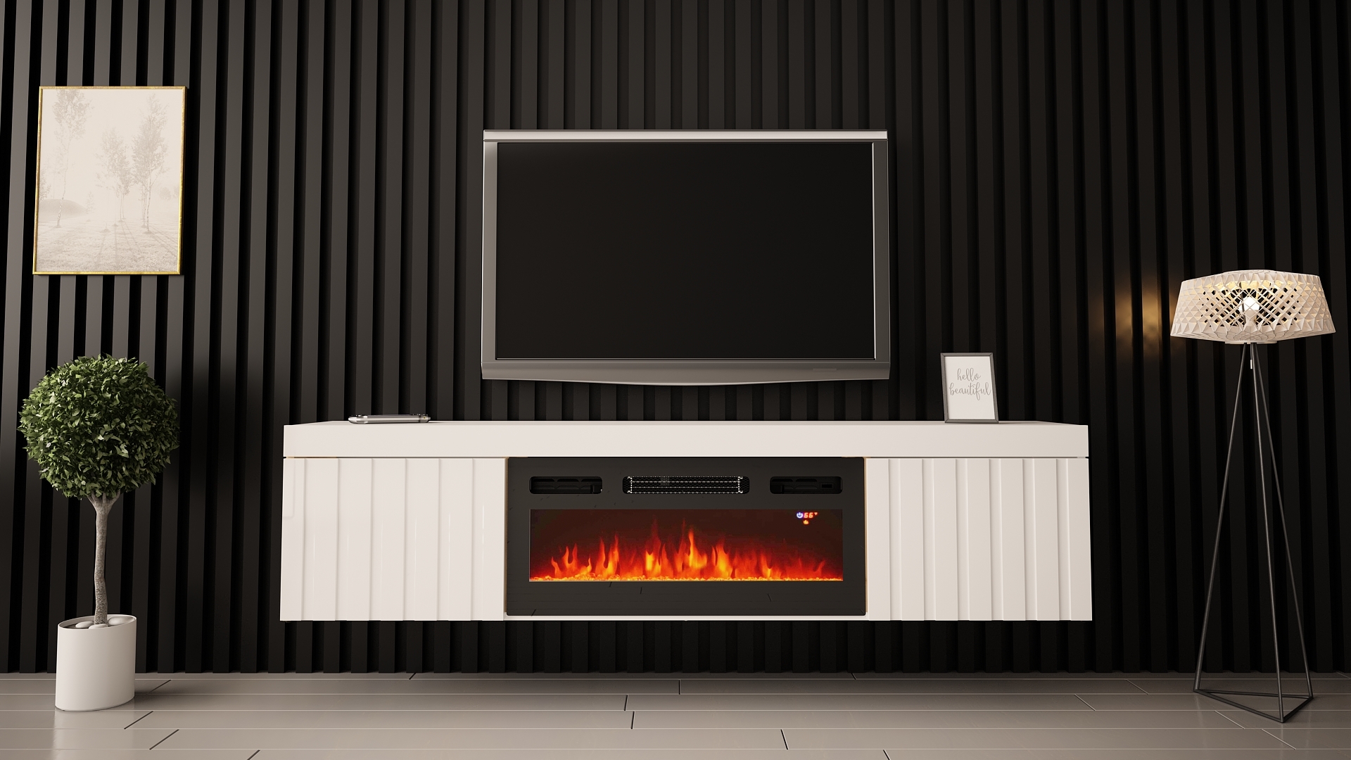 Meuble TV Kalva 180 cm avec une cheminée électrique, blanc brillant à lattes