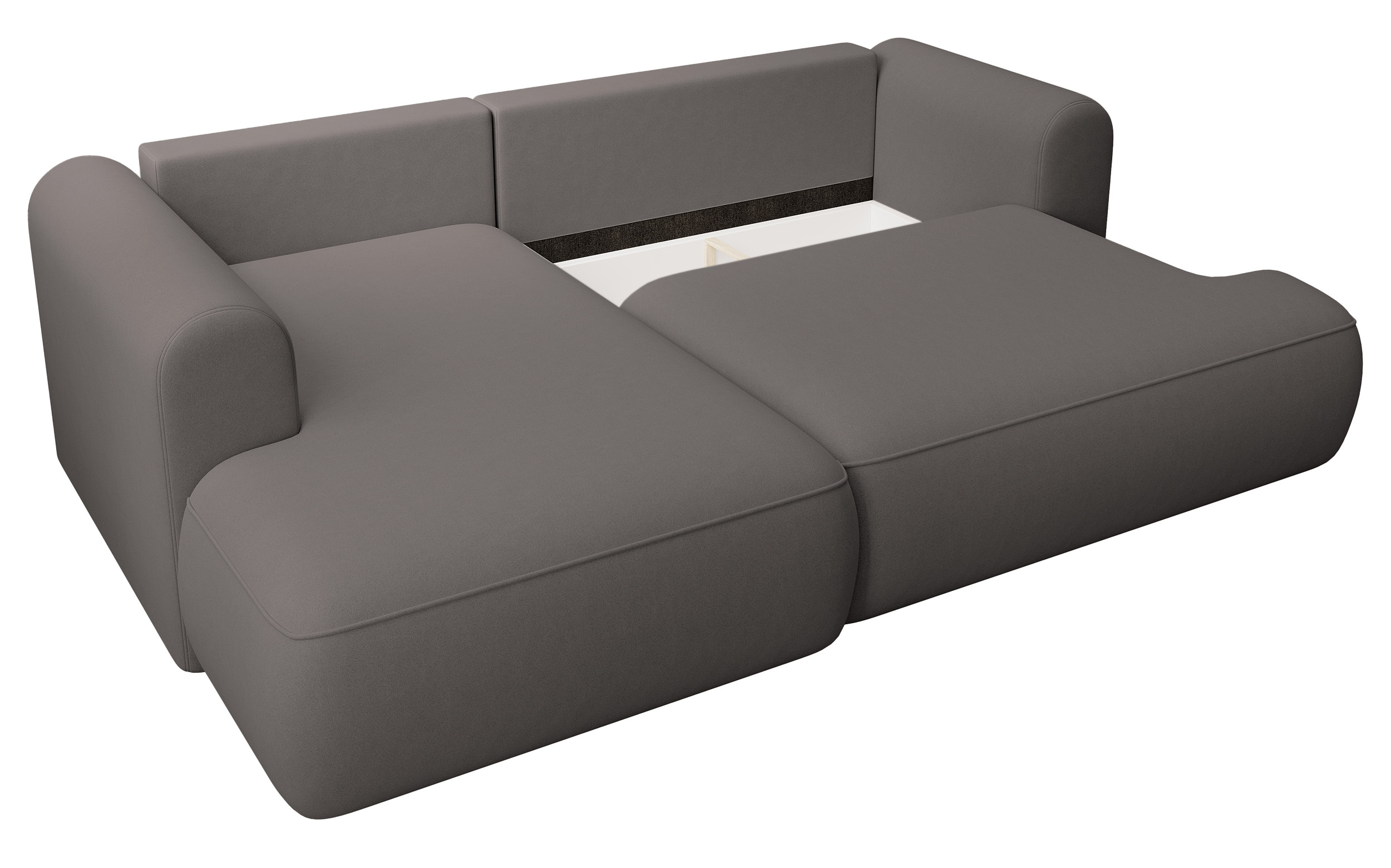 Ciemnoszary narożnik Ovo mini lewostronny z funkcją spania i pojemnikiem na pościel.