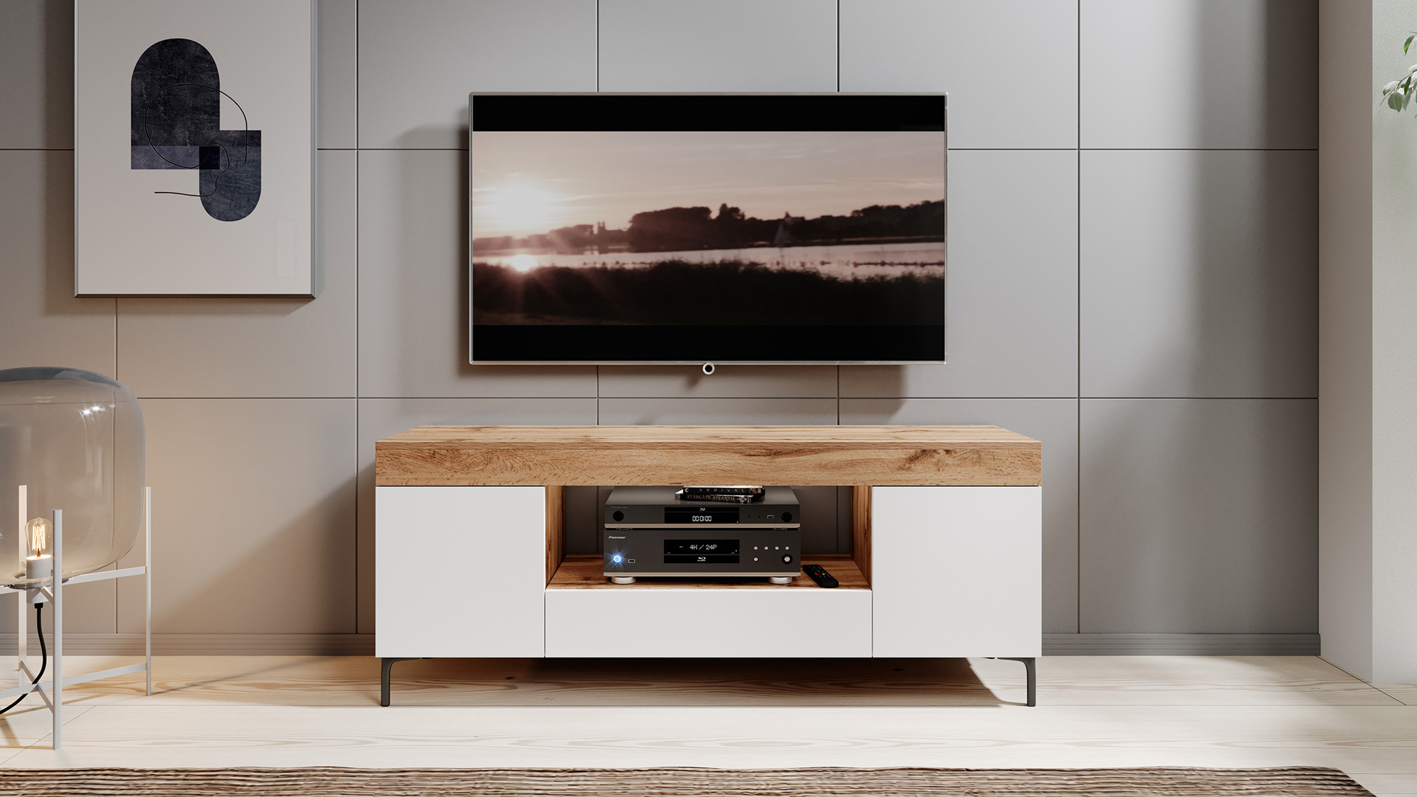 GUSTO Meuble TV avec LED contemporain Chêne Lancaster / blanc mat