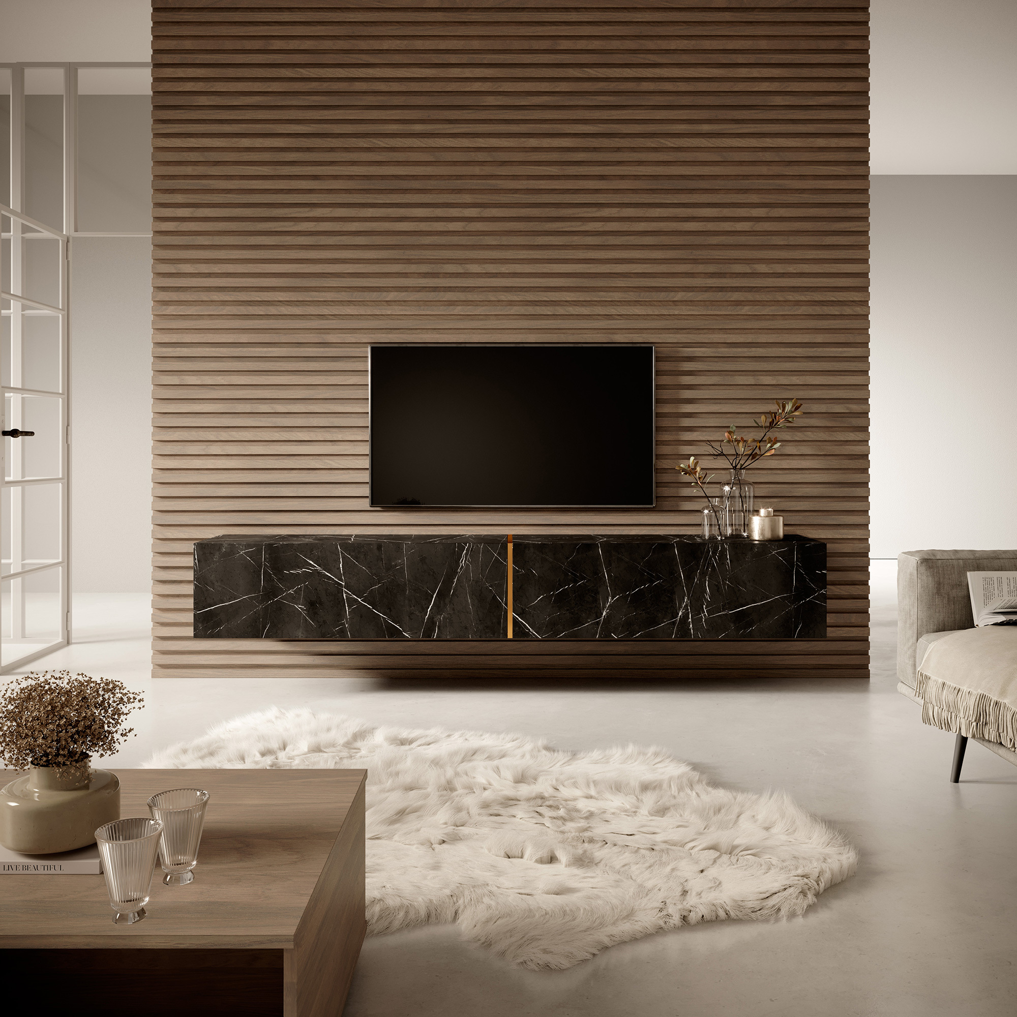 BISIRA Meuble TV 200 cm en marbre noir avec insert doré
