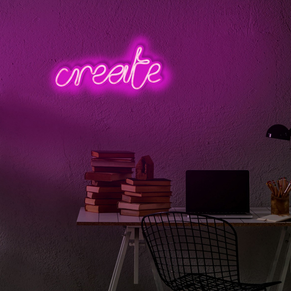 LETELY Enseigne au néon sur le mur avec le mot Create rose