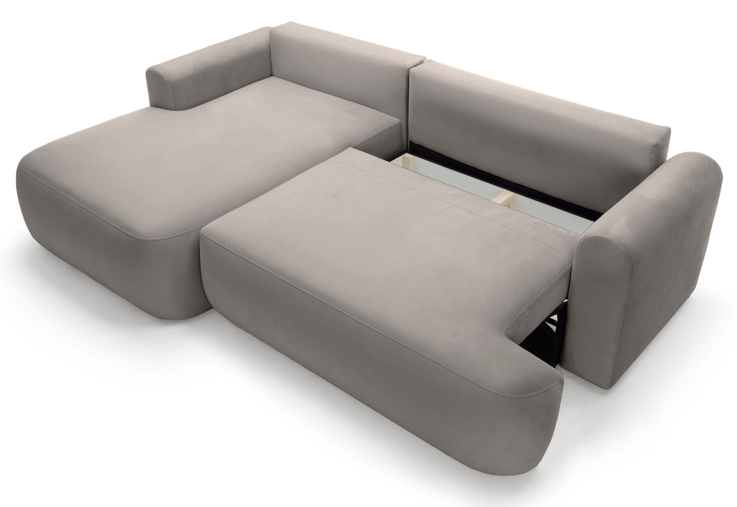 Jasnoszary narożnik Ovo lewostronny z funkcją spania i pojemnikiem na pościel.