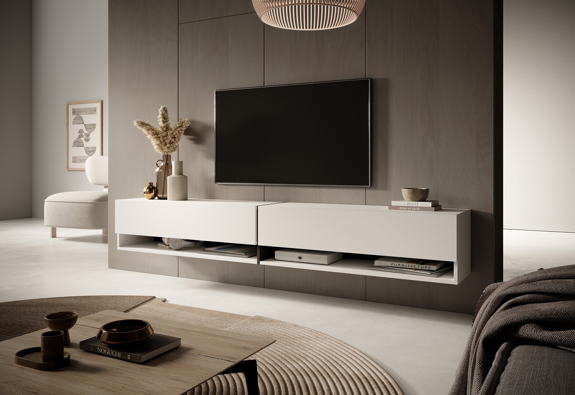 MIRRGO Meuble TV 200 cm blanc avec insert bleu marine