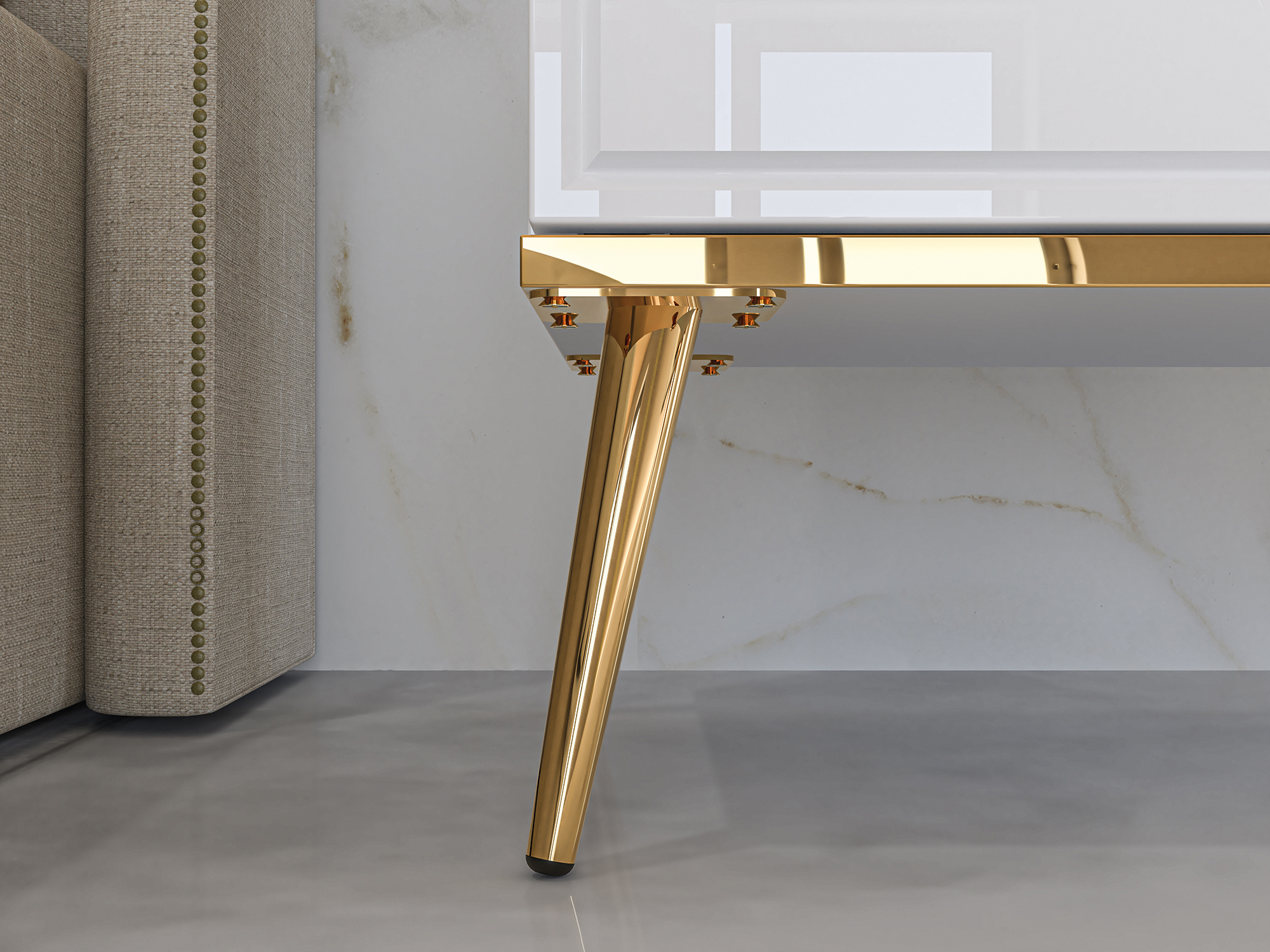 Table de chevet Darrby 50x34 cm avec tiroir blanc/blanc brillant avec pieds dorés