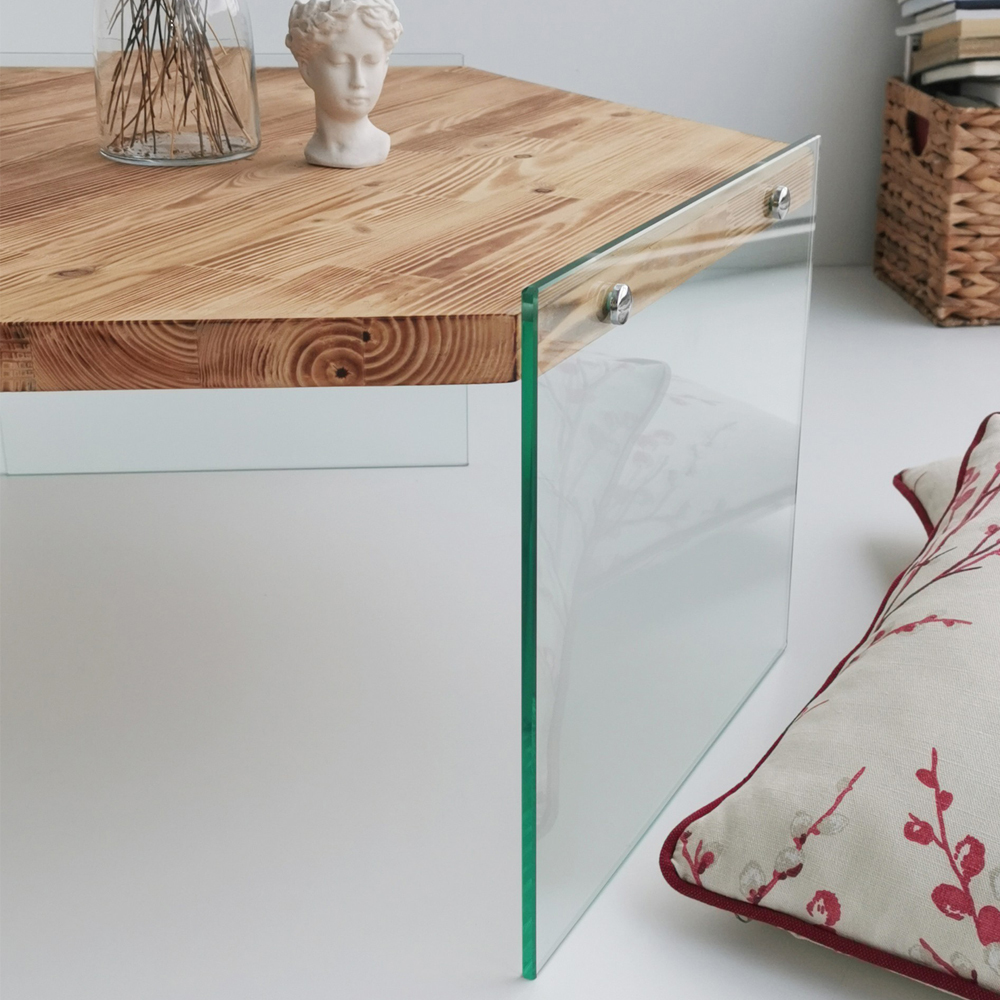 Table basse Heink 70x80 cm, en bois, sur socle en verre, noyer
