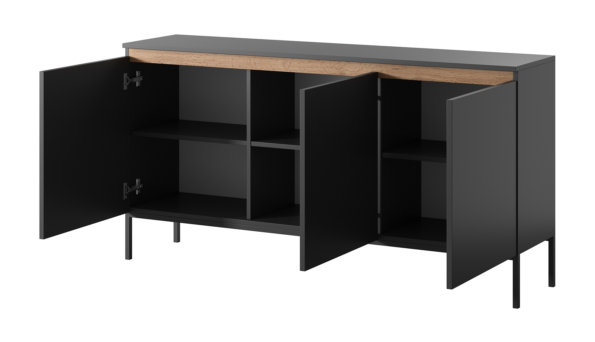 Commode 3 portes Bemmi 150 cm graphite avec un insert en chêne wotan