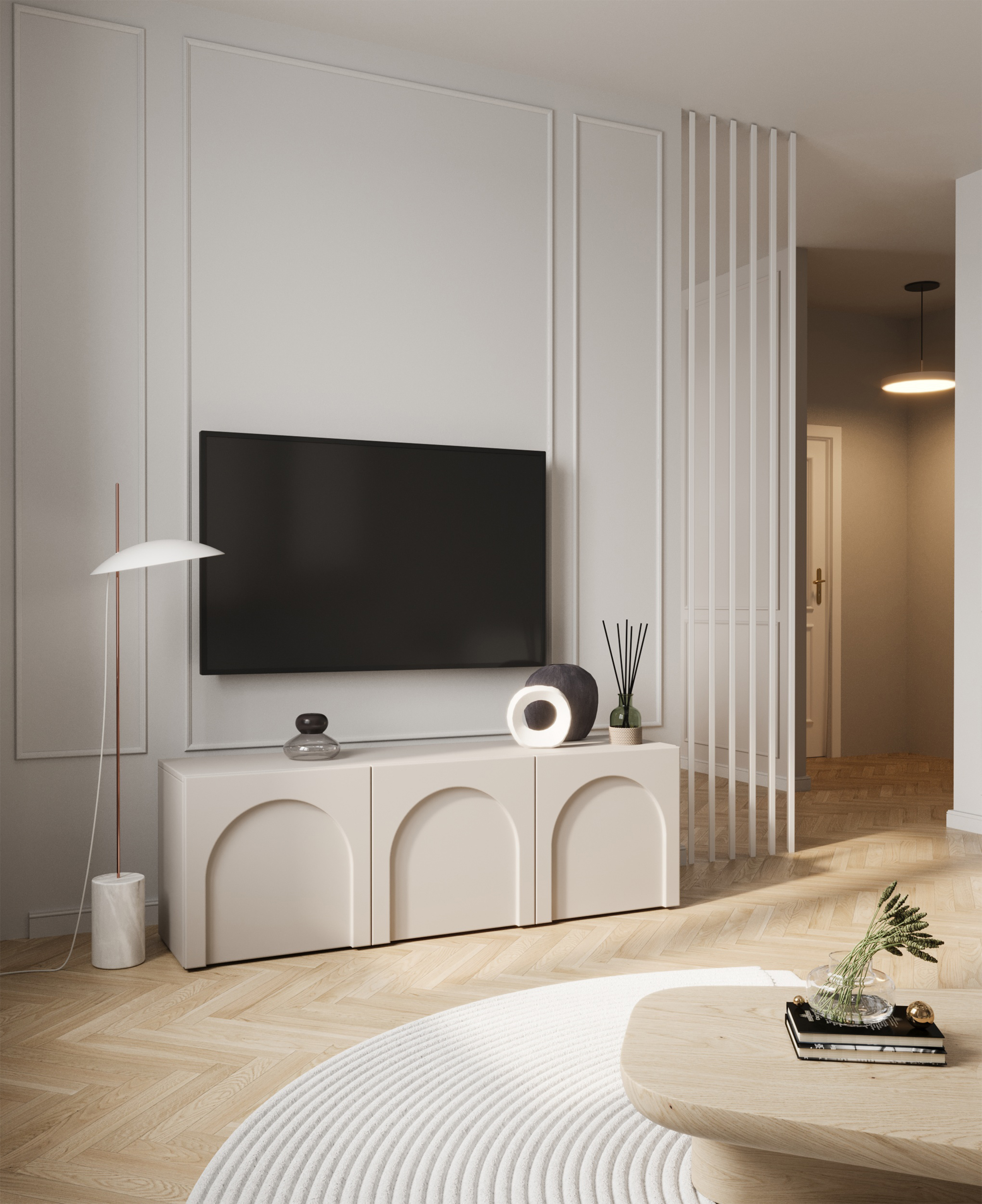 Szafka RTV Arkadia trzydrzwiowa z frezowanymi frontami 150 cm kaszmir