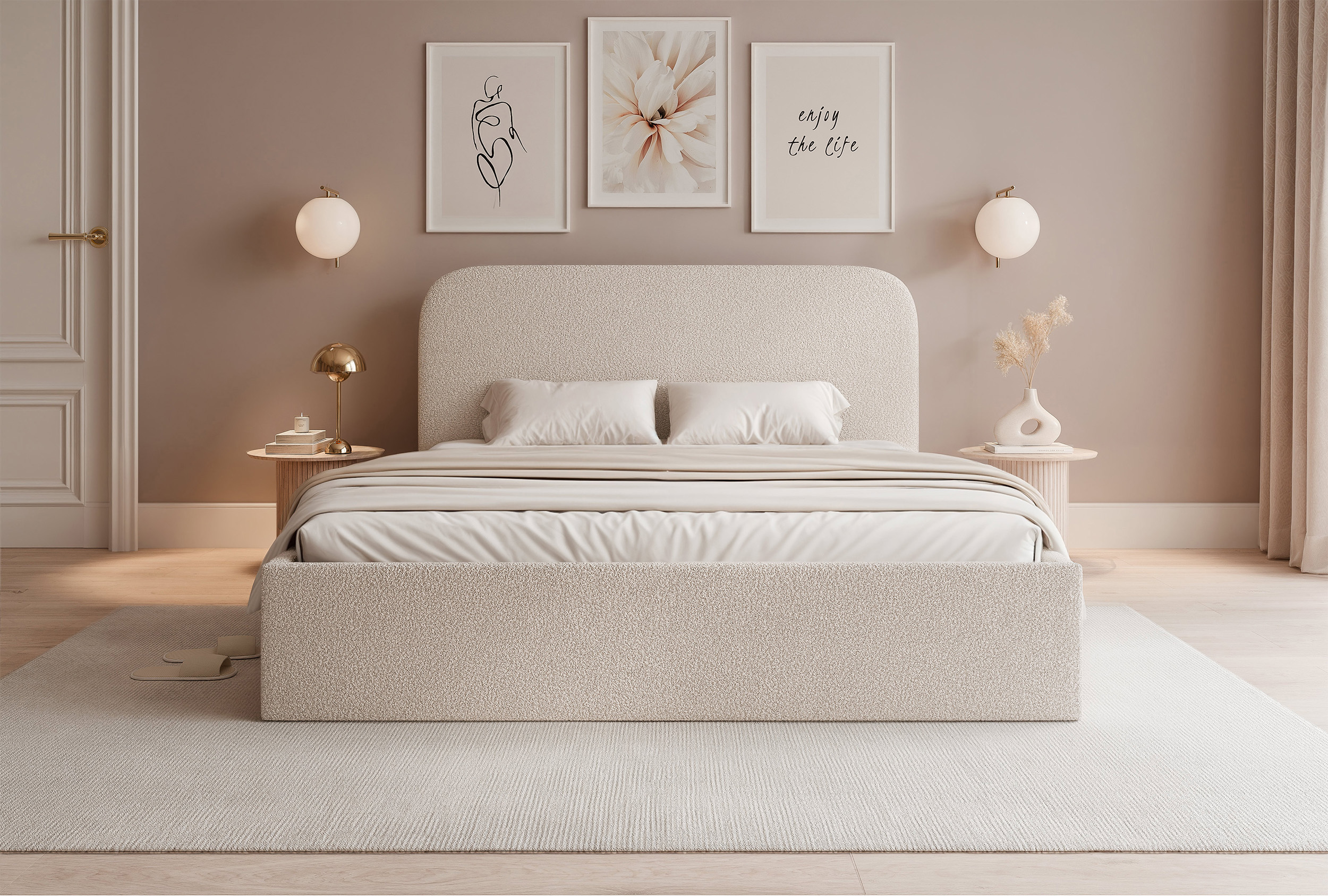 Łóżko tapicerowane 140x200 cm Sonvivo z pojemnikiem na pościel szarobeżowe boucle stelaż metalowy