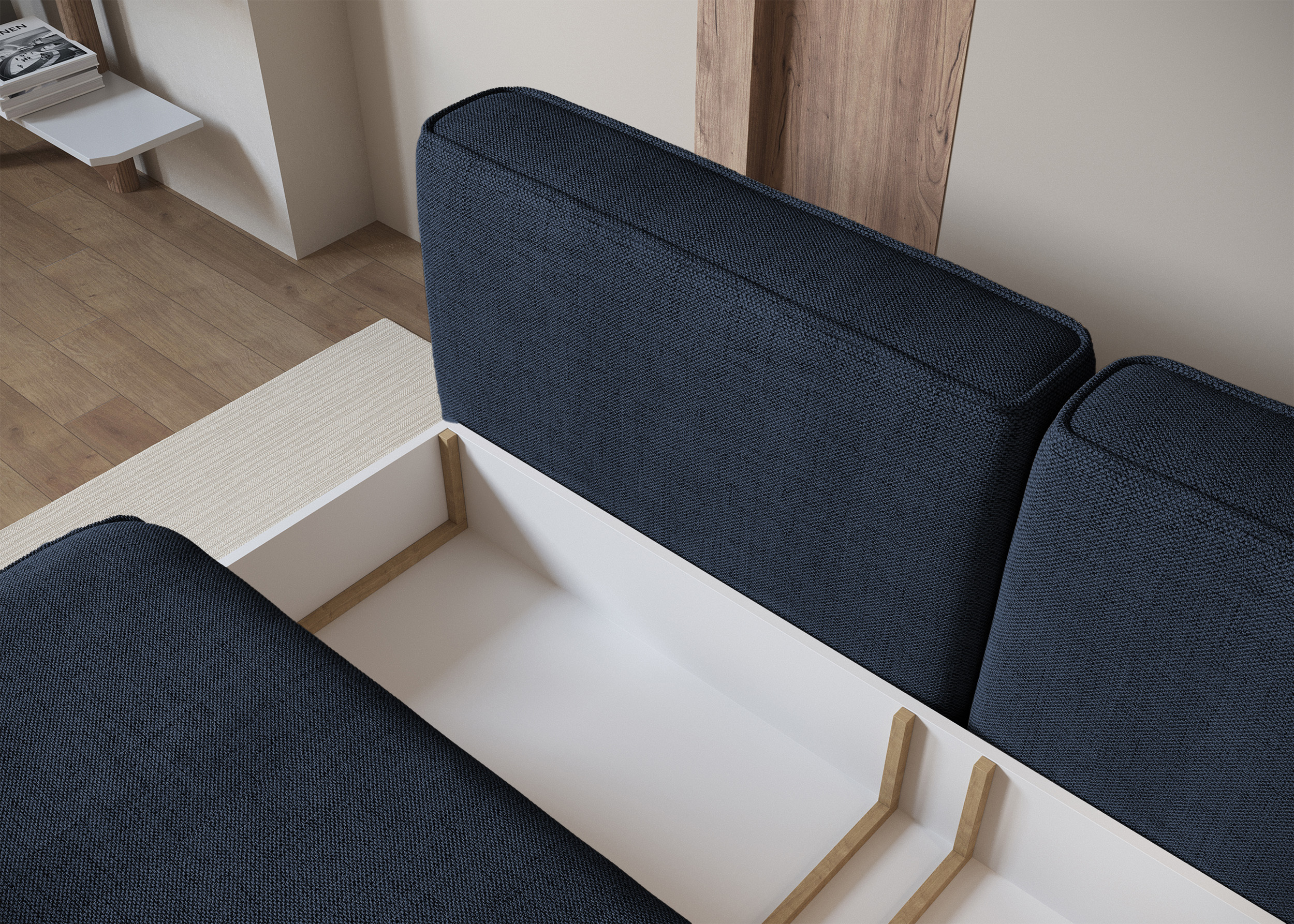 Kanapa rozkładana trzyosobowa Leanno z pojemnikiem granatowa szenil hydrofobowy