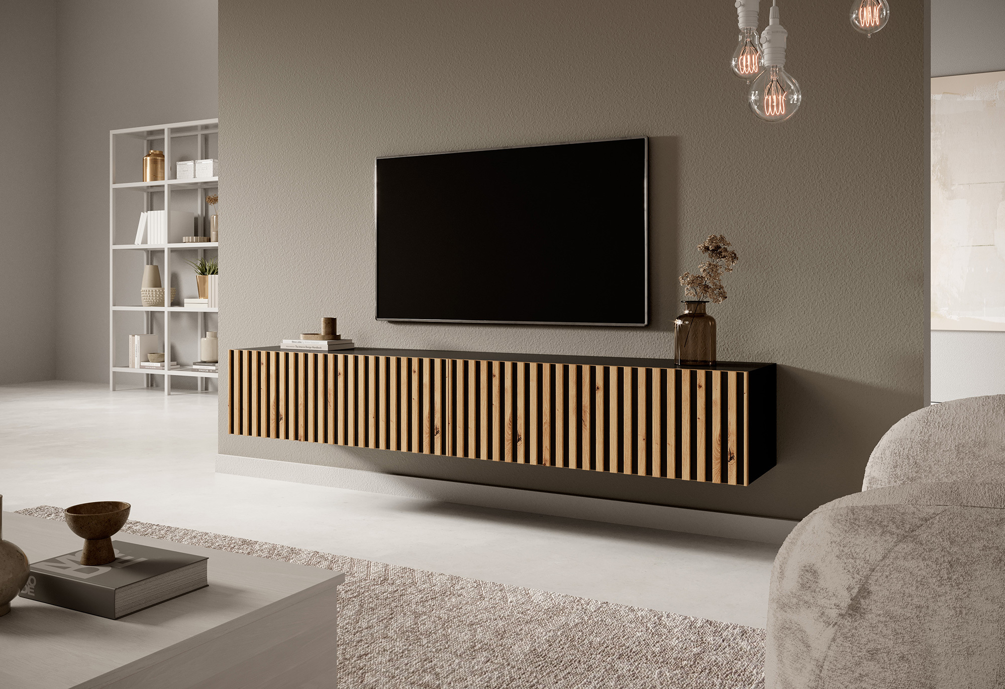 TELIRE Meuble TV 175 cm noir avec façade artisanale chêne fraisé