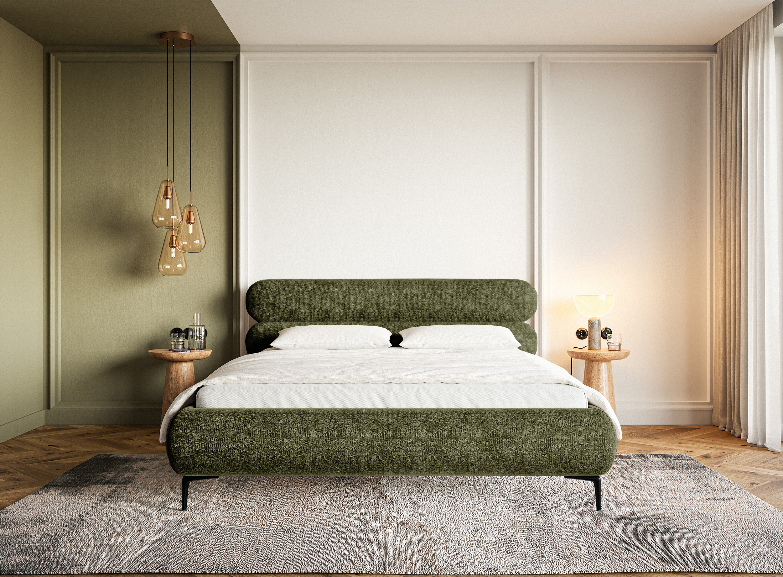 Łóżko tapicerowane 180x200 cm Roule z pojemnikiem stelaż metalowy oliwkowe szenil nóżki czarne