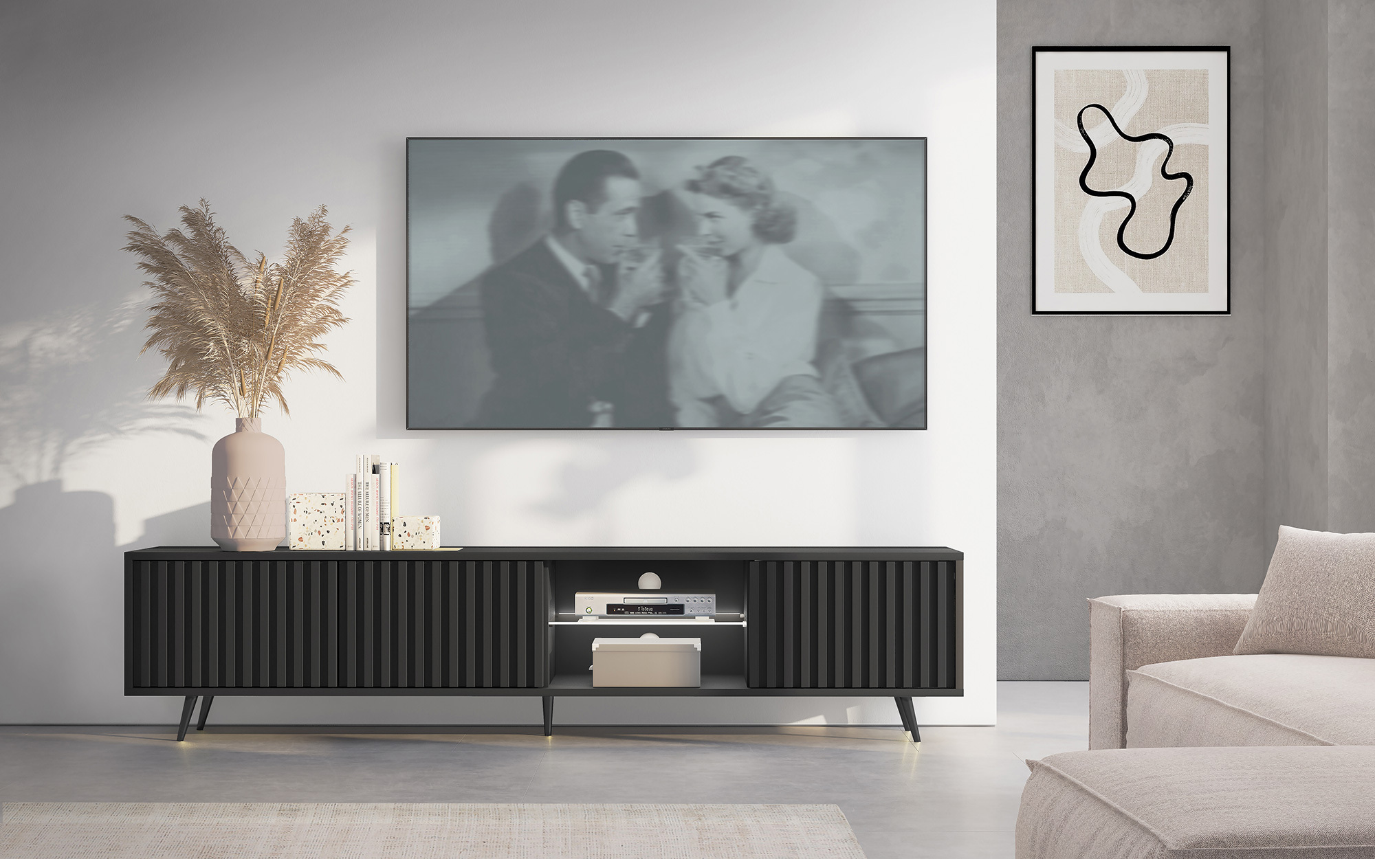 Bello Meuble TV LED 175 cm noir façades à lamelles et pieds noirs