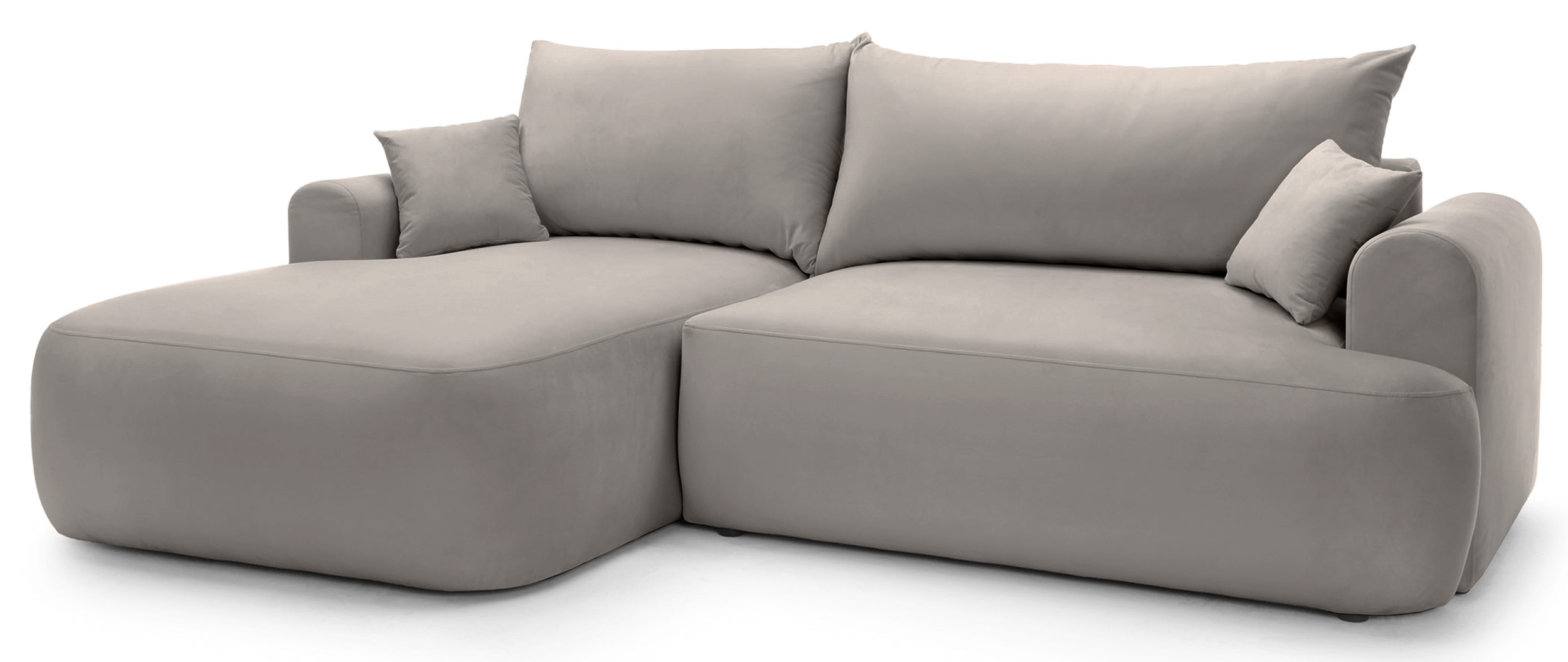 Jasnoszary narożnik Ovo lewostronny z funkcją spania i pojemnikiem na pościel.